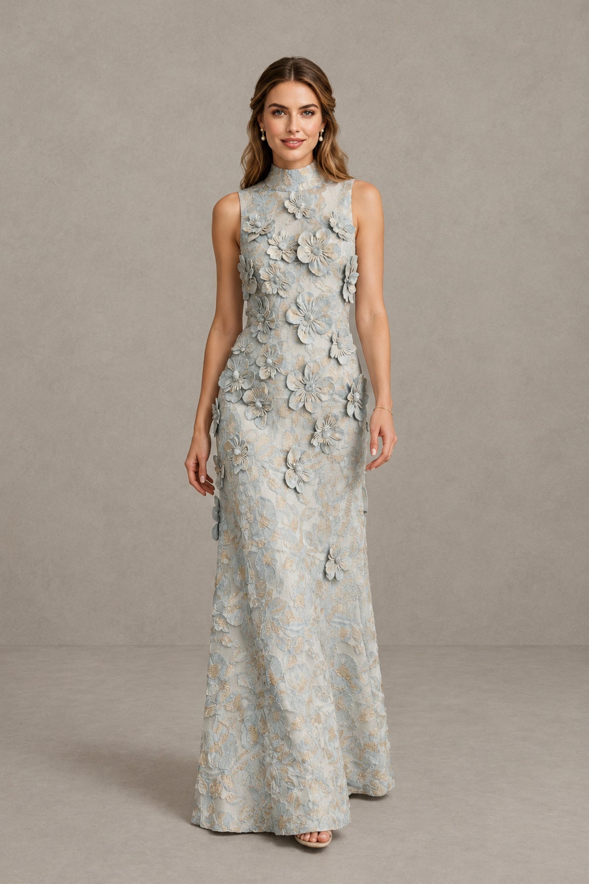 BOLODOO Dusty Blue High Neck Sleeveless 3D Floral Evening Gown - Dusty Blue