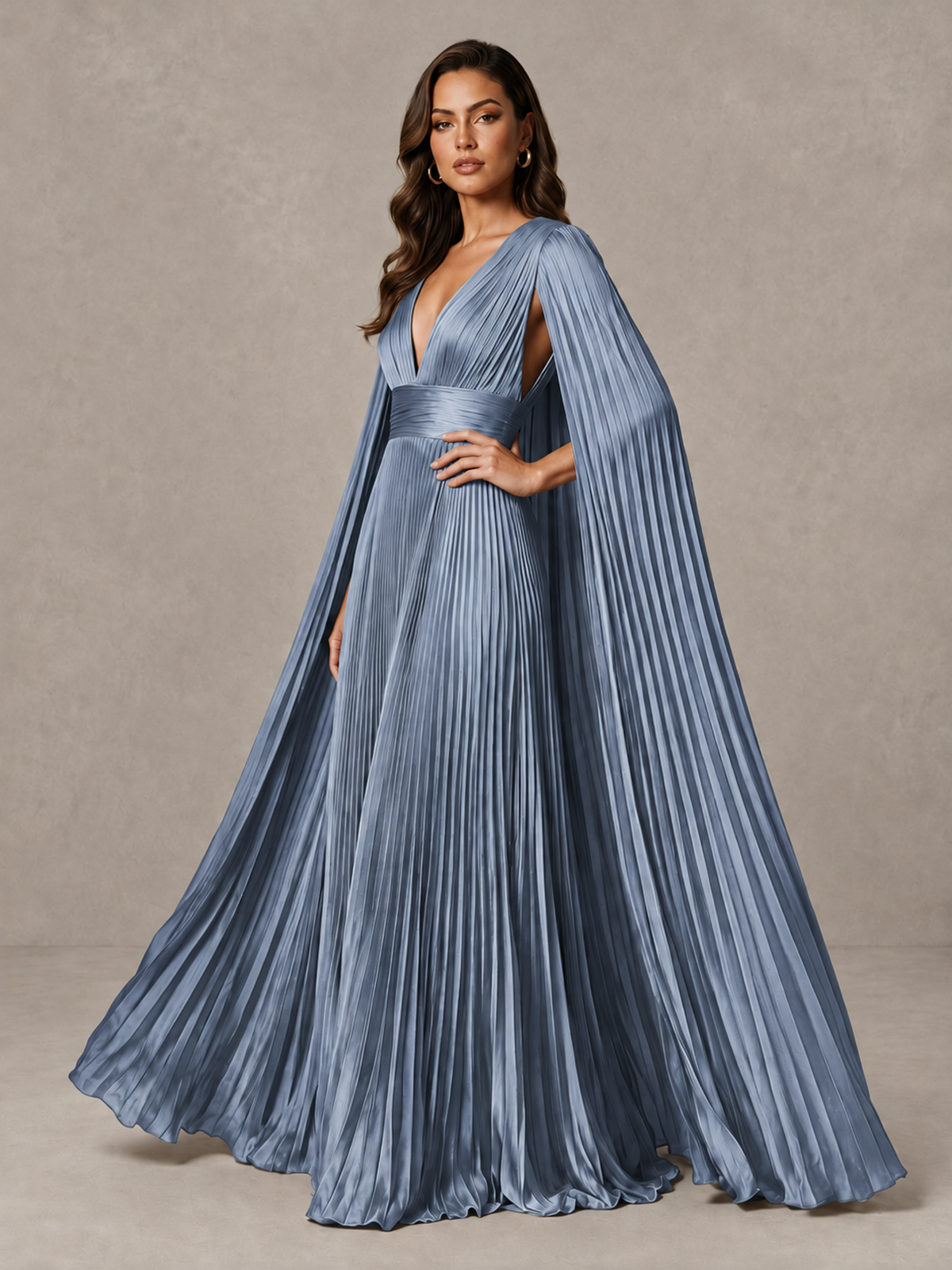 BOLODOO Dusty Blue Deep V-Neck Pleated Cape Sleeve Evening Gown - Dusty Blue - Dusty Blue_4