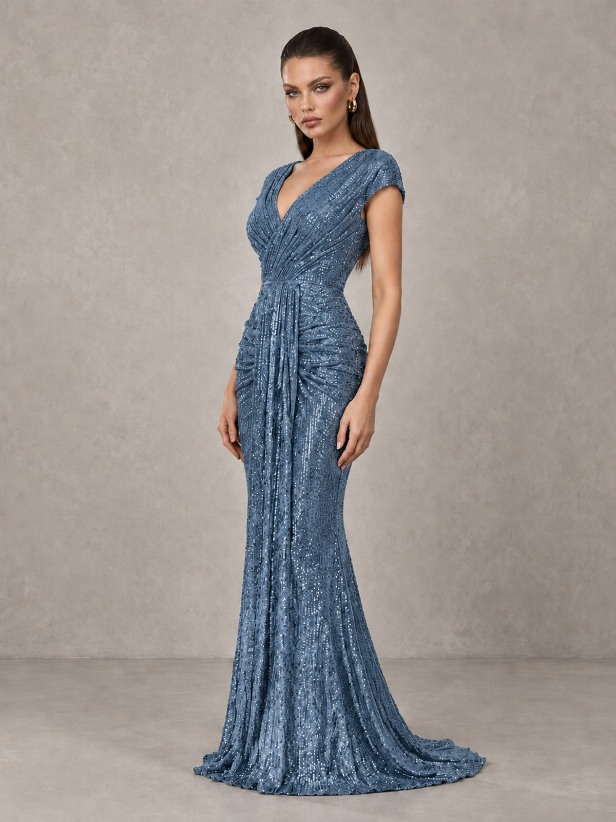 BOLODOO Dusty Blue Glitter V-Neck Cap Sleeve Ruched Mermaid Evening Gown - Dusty Blue - Dusty Blue_4