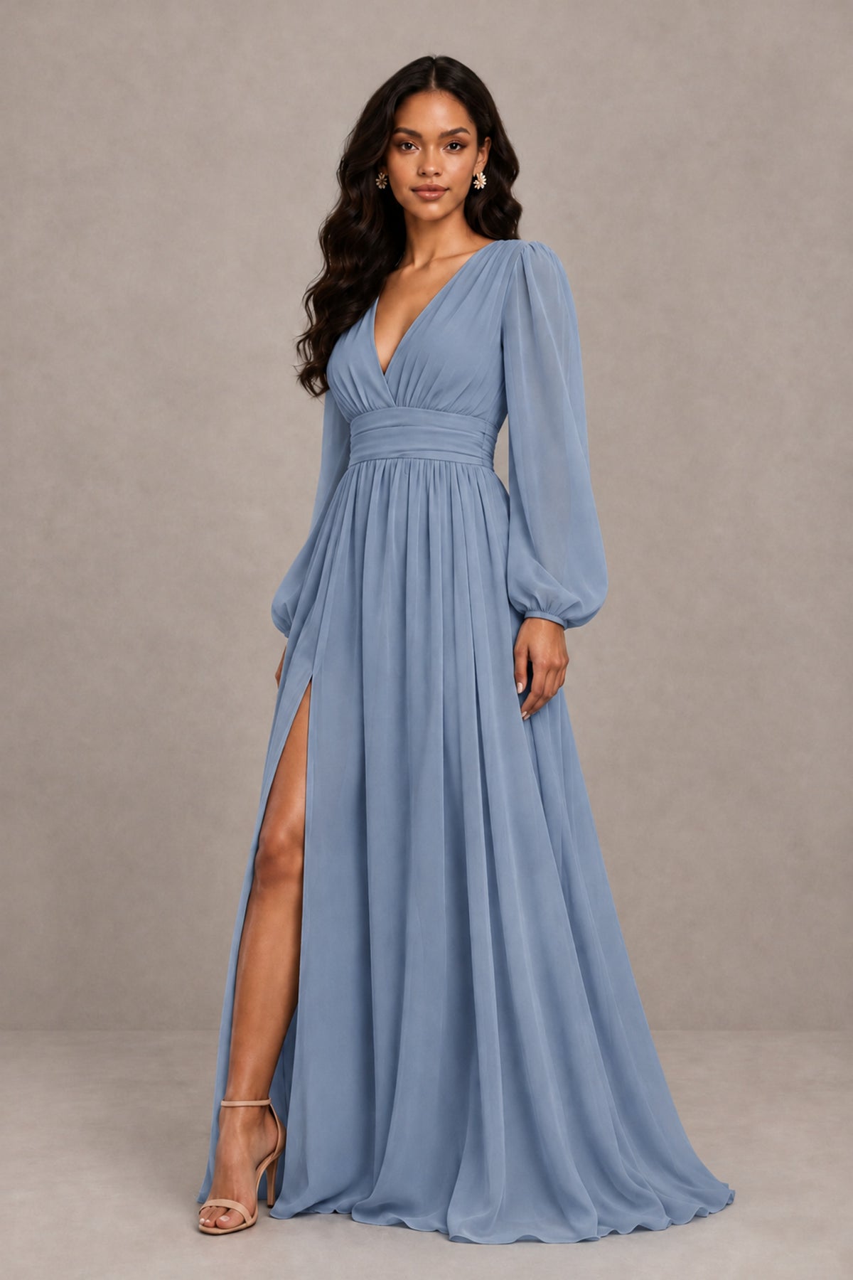 BOLODOO Dusty Blue Long Sleeve V-Neck A-Line Gown with Open Back & Slit - Dusty Blue - Dusty Blue_4