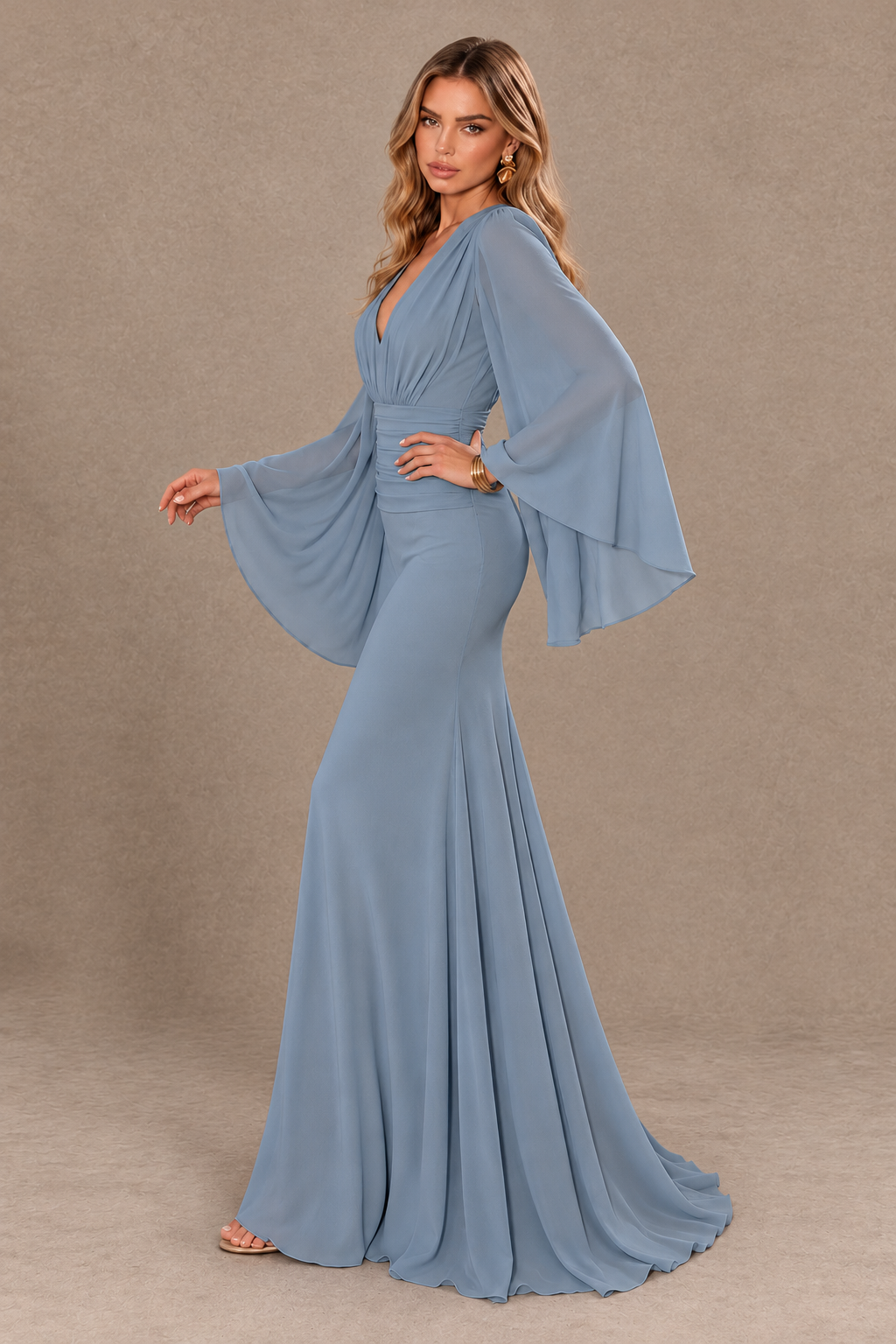 BOLODOO Dusty Blue Cape Sleeve V-Neck Ruched Chiffon Evening Dress - Dusty Blue - Dusty_Blue_4
