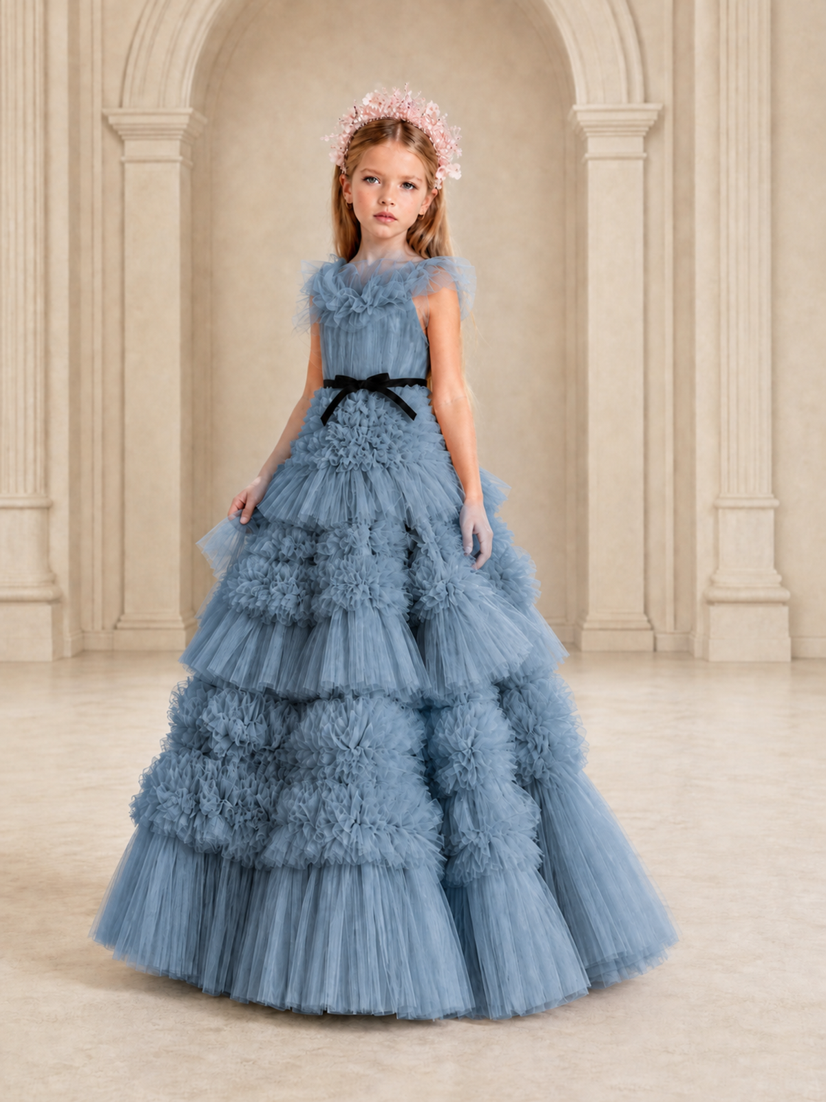 BOLODOO Dusty Blue Tiered Tulle Flower Girl Dress with Floral Appliques - Dusty Blue - Dusty Blue_4