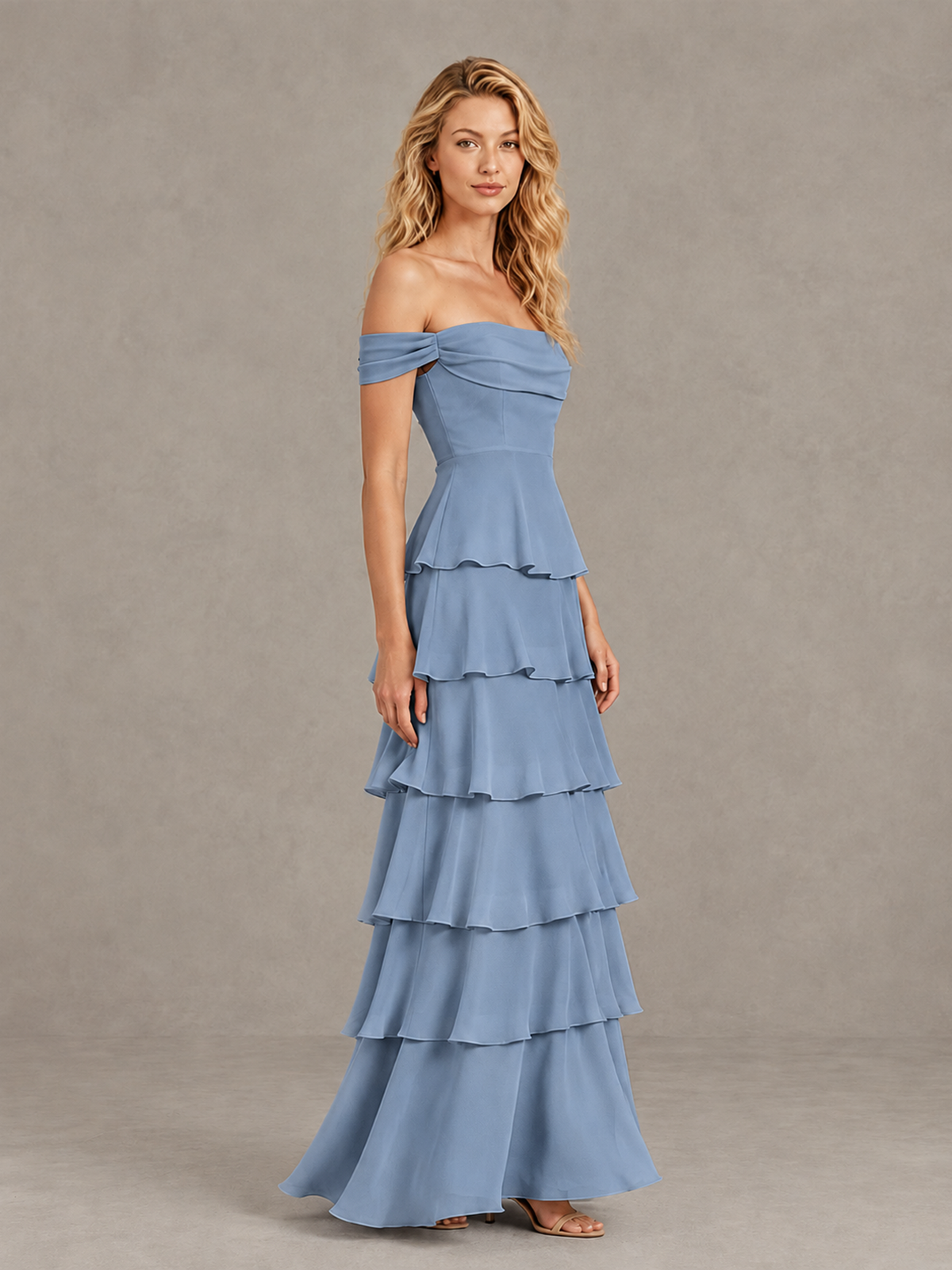 BOLODOO Dusty Blue Off-Shoulder Tiered Ruffle Bridesmaid Dress with Lace-Up Back - Dusty Blue - Dusty Blue_4