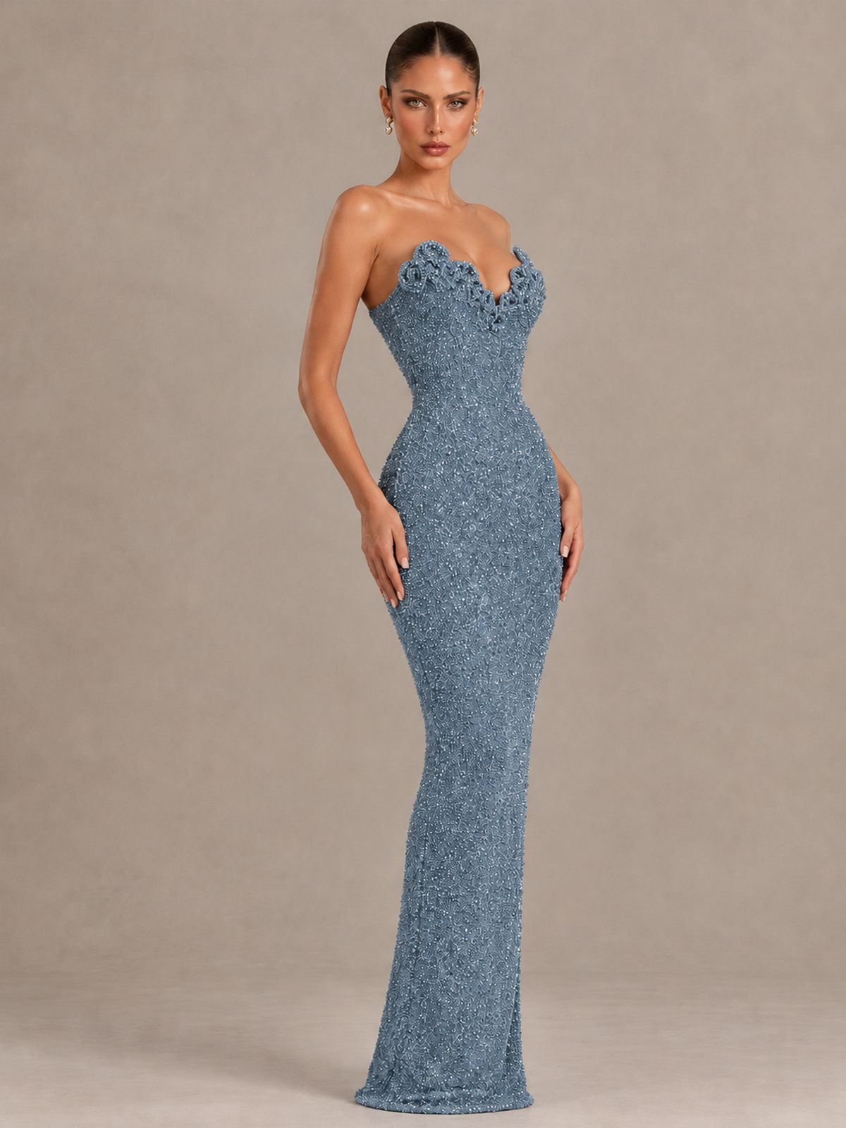 BOLODOO Dusty Blue Strapless Sequin Evening Gown with Floral Neckline - Dusty Blue - Dusty Blue_4