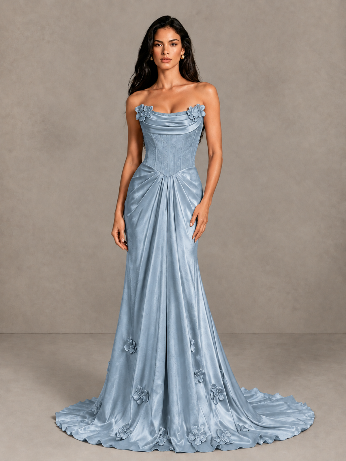 BOLODOO Dusty Blue Strapless Floral Corset Evening Gown with Train - Dusty Blue - Dusty Blue_4
