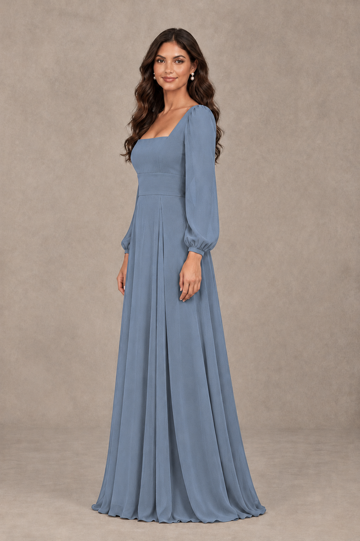 BOLODOO Dusty Blue Square Neck Long Sleeve A-Line Bridesmaid Dress - Dusty Blue - Dusty Blue_4