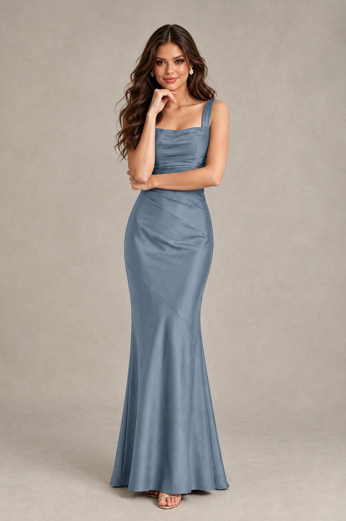BOLODOO Dusty Blue Square Neck Ruched Satin Lace-Up Bridesmaid Dress - Dusty Blue - Dusty Blue_4