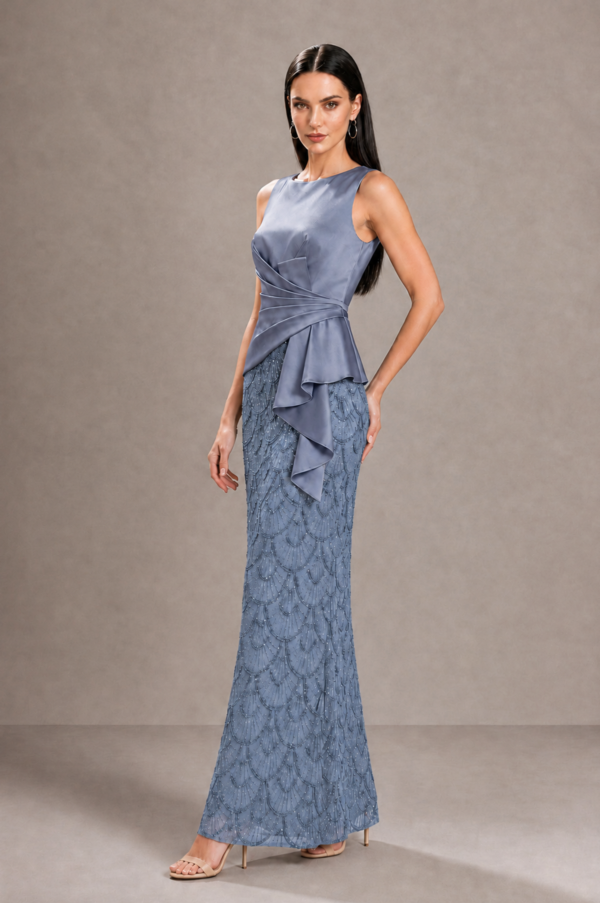 BOLODOO Dusty Blue Sleeveless Satin & Lace Peplum Evening Dress - Dusty Blue - Dusty_Blue_4