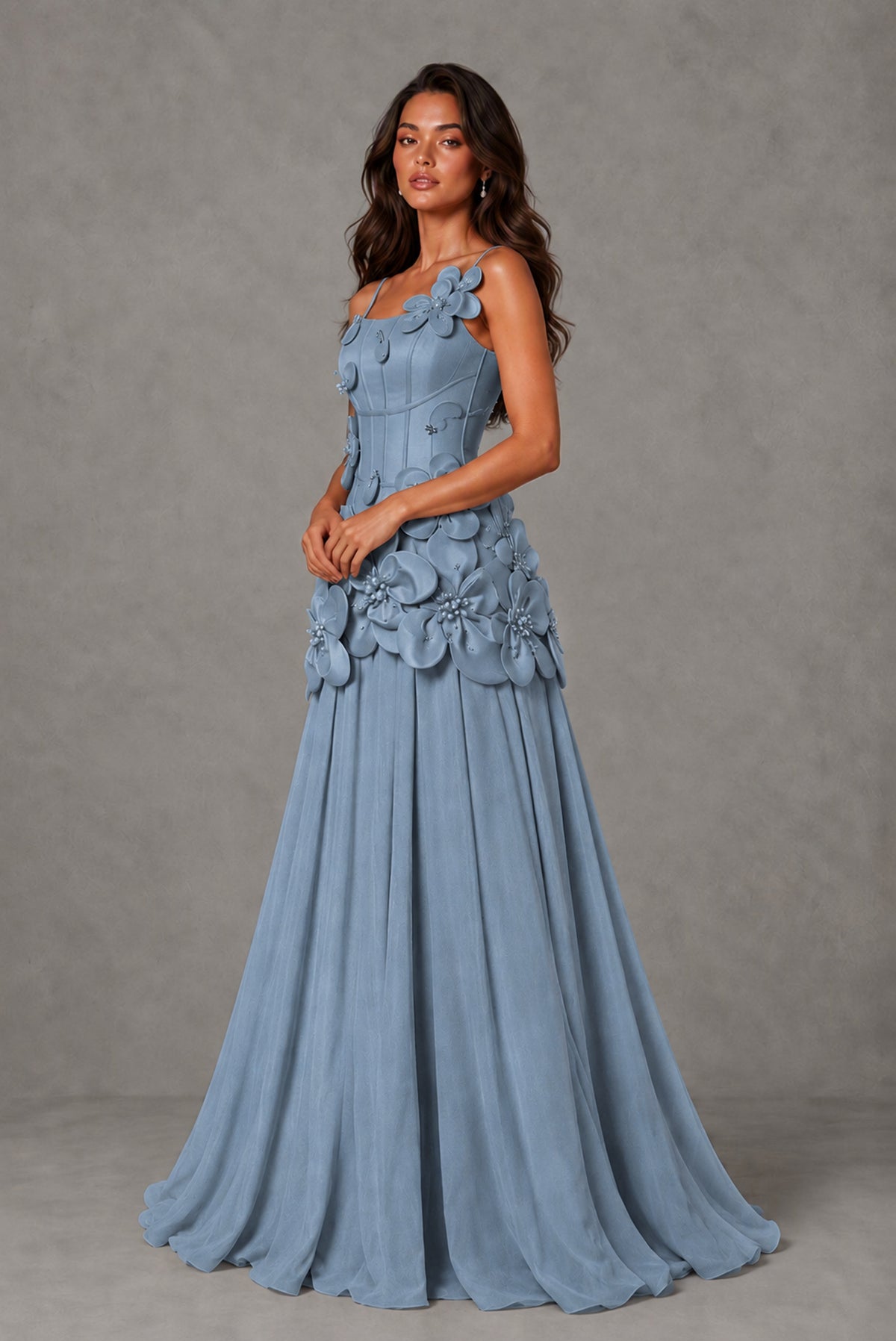 BOLODOO Dusty Blue 3D Floral Appliqué Floor-Length A-Line Evening Gown - Dusty Blue