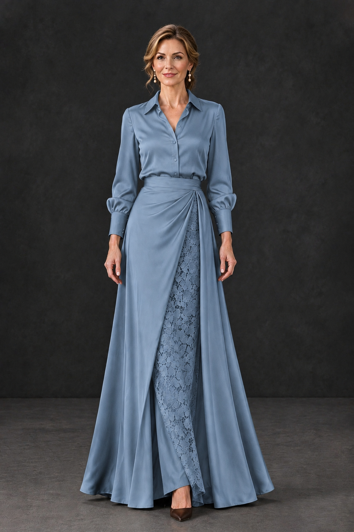 BOLODOO Dusty Blue Long Sleeve Satin-Look Lace Panel Gown - Dusty Blue - Dusty Blue_4