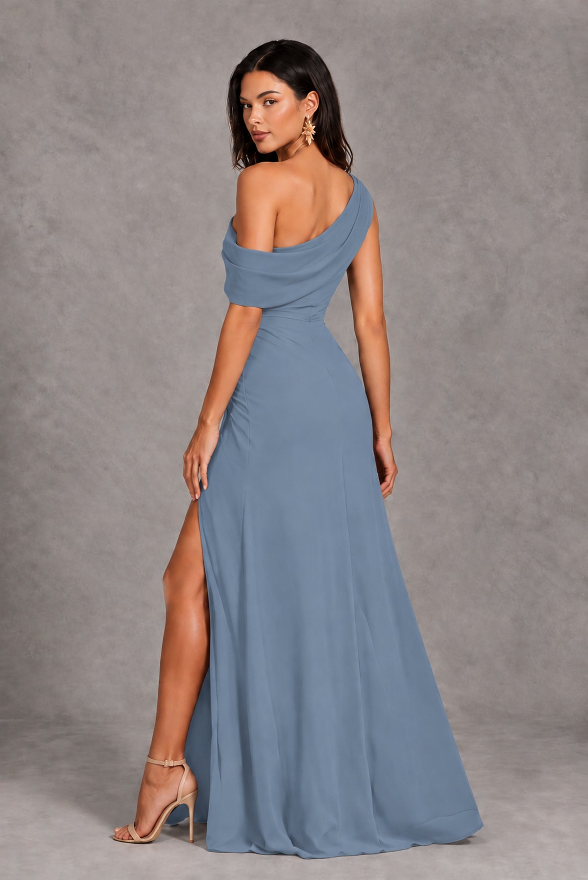 Dusty Blue One-Shoulder Floor-Length Evening Gown with High Slit - Dusty Blue