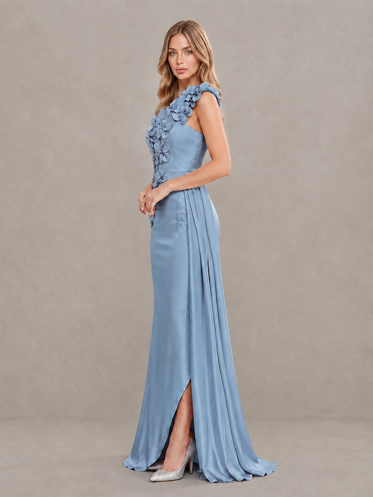 BOLODOO Dusty Blue One-Shoulder Satin Mermaid Evening Gown with 3D Floral Appliqué - Dusty Blue - Dusty Blue_4