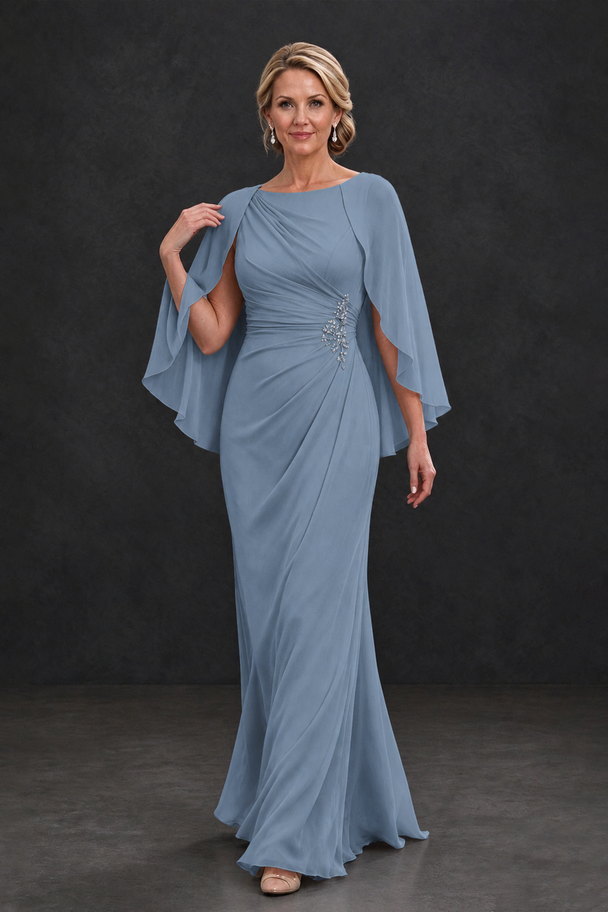 BOLODOO Dusty Blue Cape Sleeve Mother of the Bride Dress with Ruched Waist - Dusty Blue - Dusty Blue_4