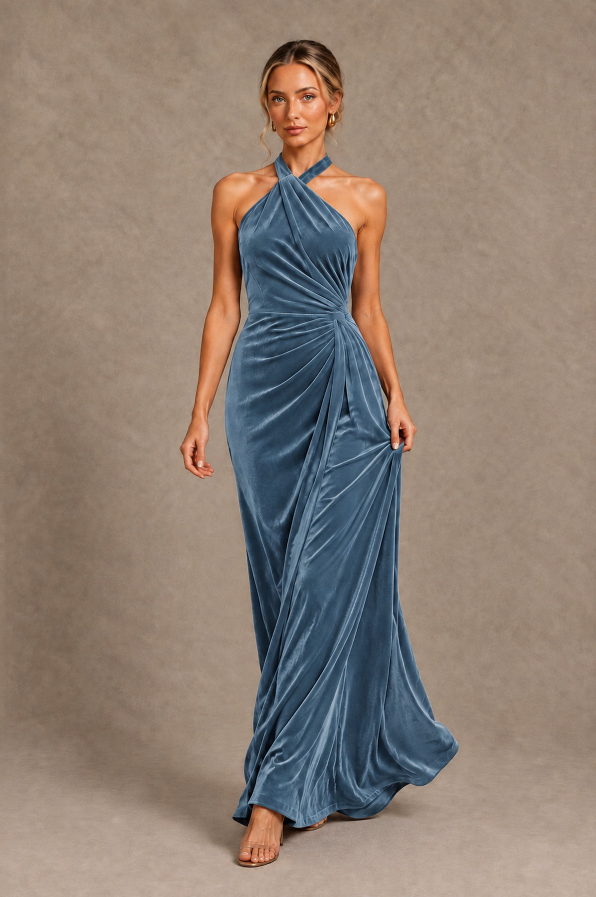 BOLODOO Dusty Blue Velvet Halter Open-Back Ruched Evening Dress - Dusty Blue - Dusty_Blue_4