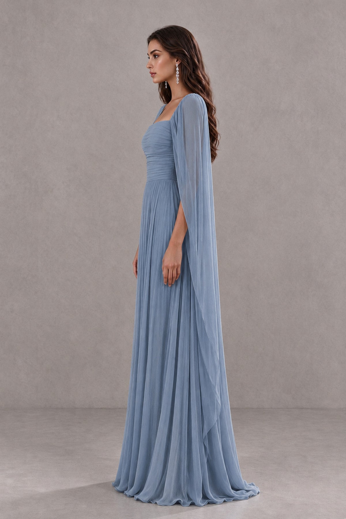 BOLODOO Dusty Blue Square Neck Cape Sleeve A-Line Evening Dress - Dusty Blue - Dusty_Blue_4