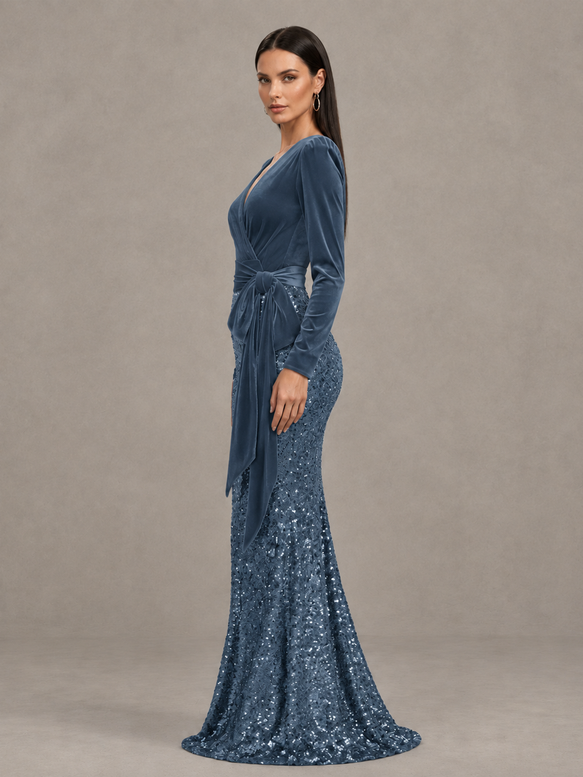 BOLODOO Dusty Blue Velvet & Sequin Long Sleeve V-Neck Mermaid Evening Gown - Dusty Blue - Dusty Blue_4