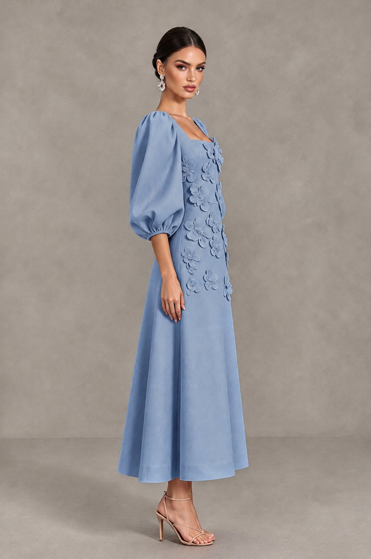 BOLODOO Dusty Blue 3D Floral Puff Sleeve Midi Cocktail Dress - Dusty Blue - Dusty Blue_4