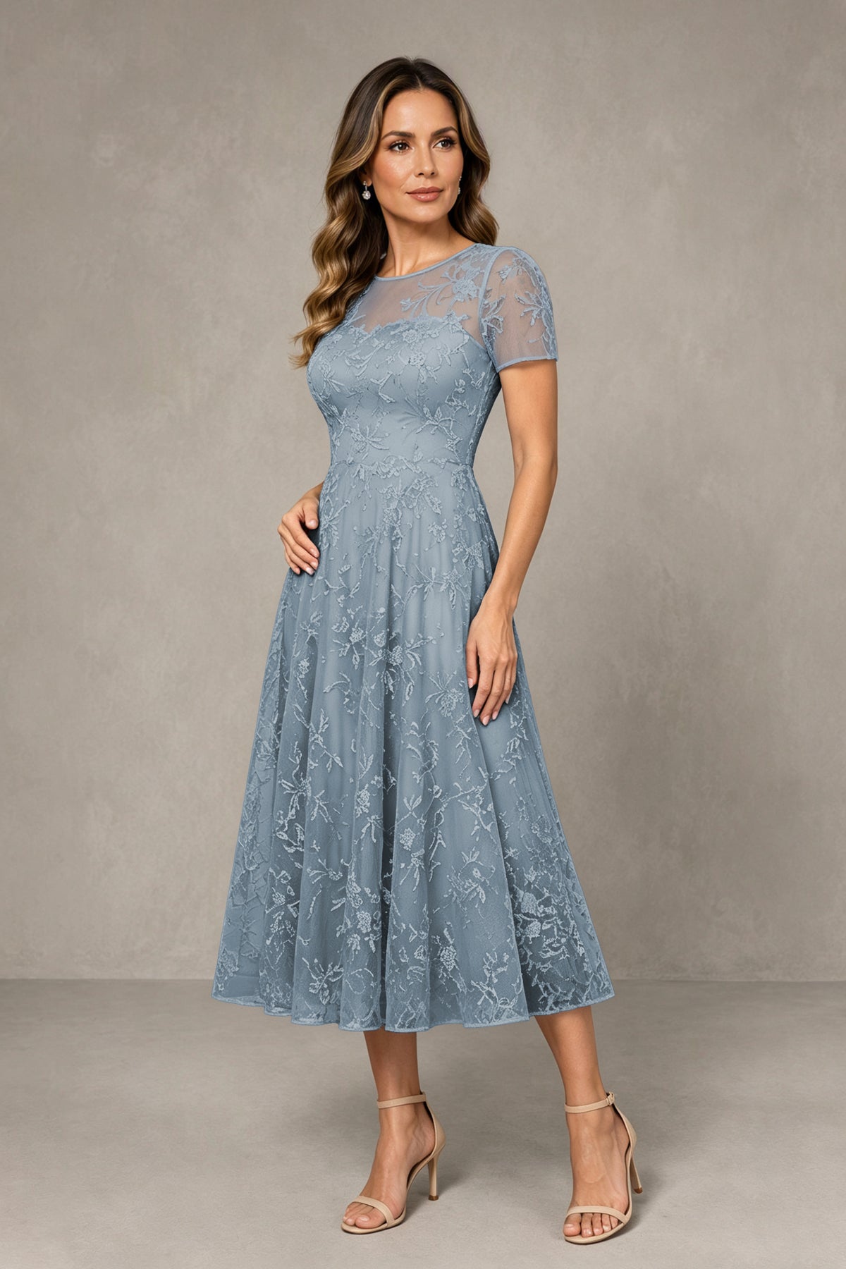 BOLODOO Dusty Blue Textured Floral A-Line Dress with Short Sleeves - Dusty Blue