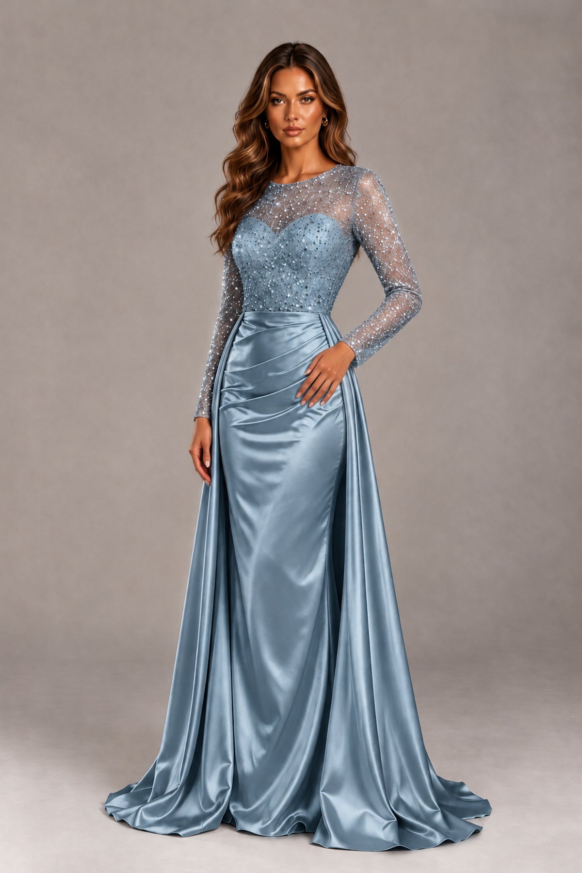BOLODOO Dusty Blue Long Sleeve Embellished Satin Evening Gown with Sweep Train - Dusty Blue - Dusty Blue_4