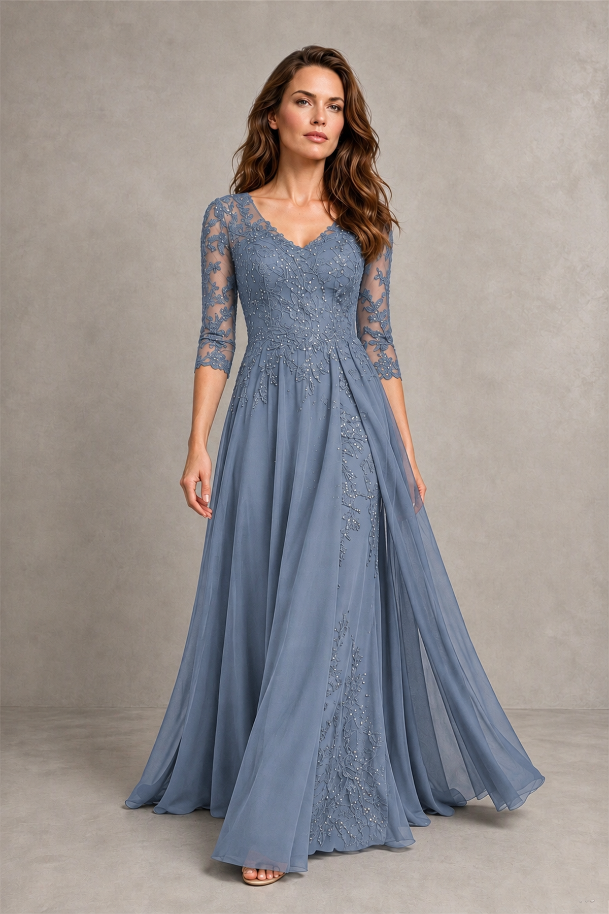 BOLODOO Midnight Dusty Blue Beaded Lace Appliqué Chiffon A-Line Gown | Mother of the Bride & Formal Evening Dress - Dusty Blue - Dusty Blue_4