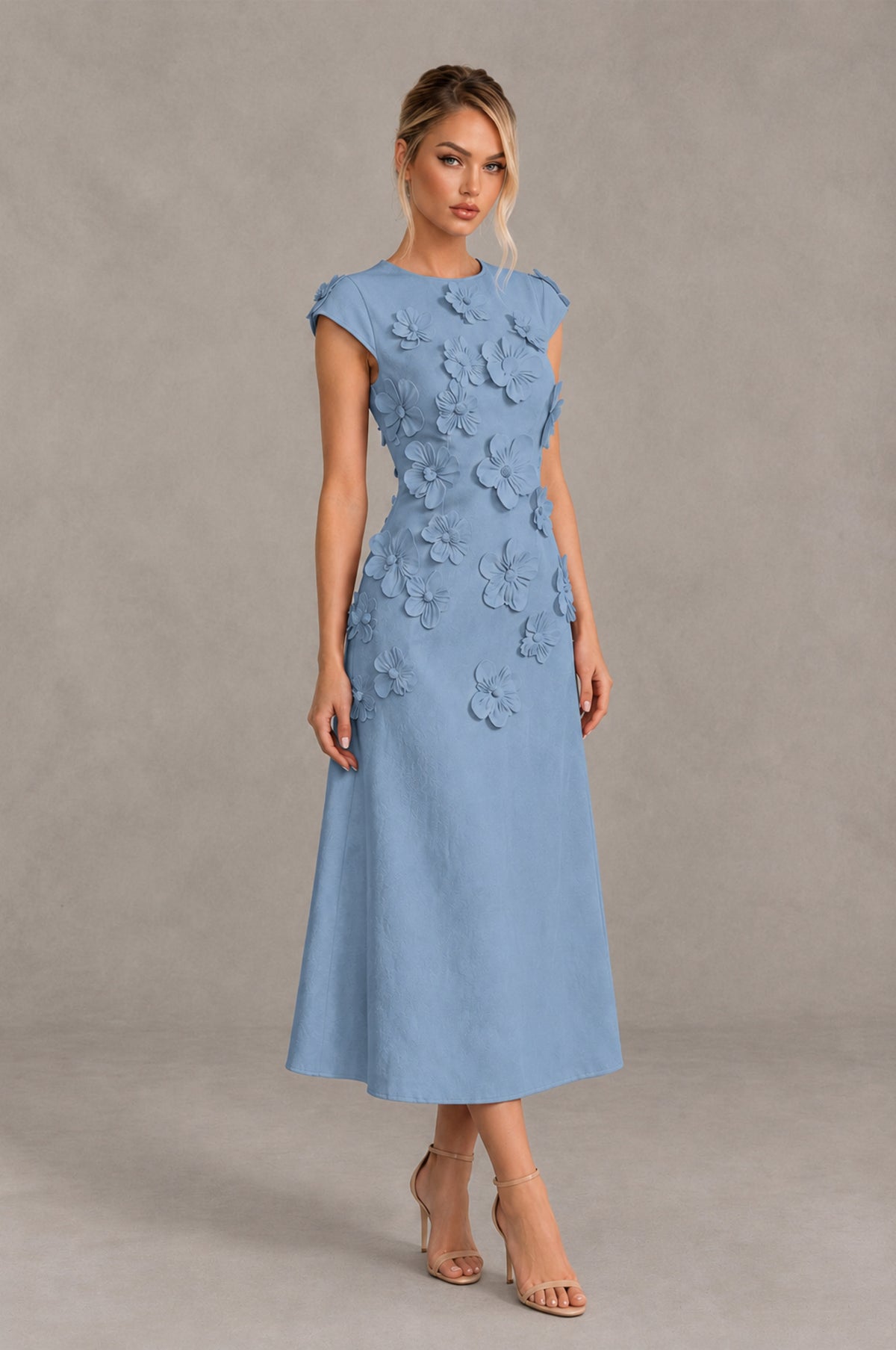 BOLODOO Dusty Blue 3D Floral Cap Sleeve Midi Cocktail Dress - Dusty Blue - Dusty Blue_4