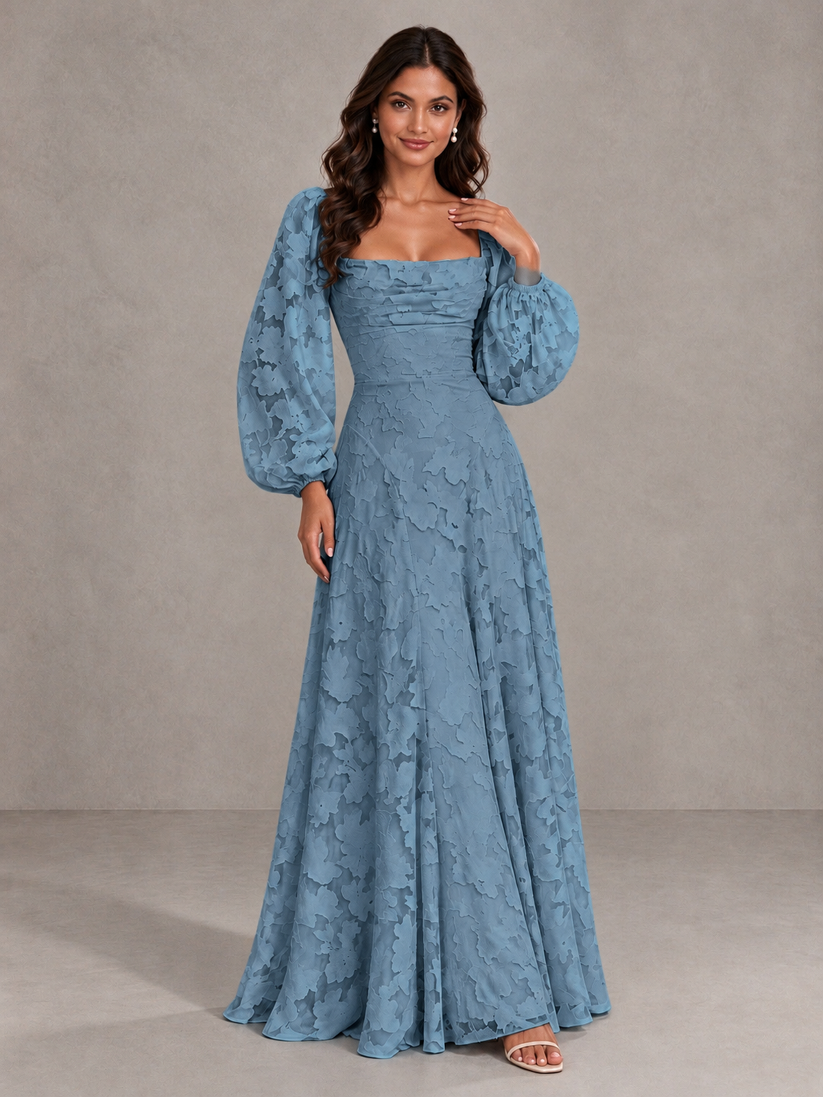 BOLODOO Dusty Blue Floral Long Sleeve A-Line Bridesmaid Dress - Dusty Blue - Dusty Blue_4