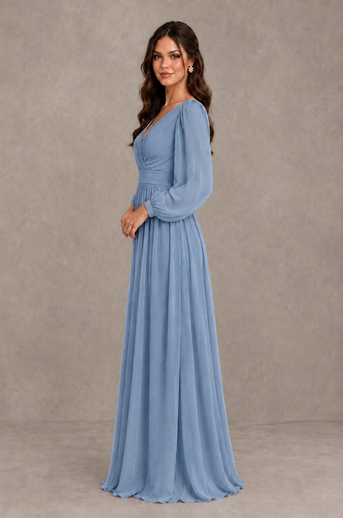 BOLODOO Dusty Blue Long Sleeve V-Neck A-Line Bridesmaid Dress - Dusty Blue - Dusty Blue_4