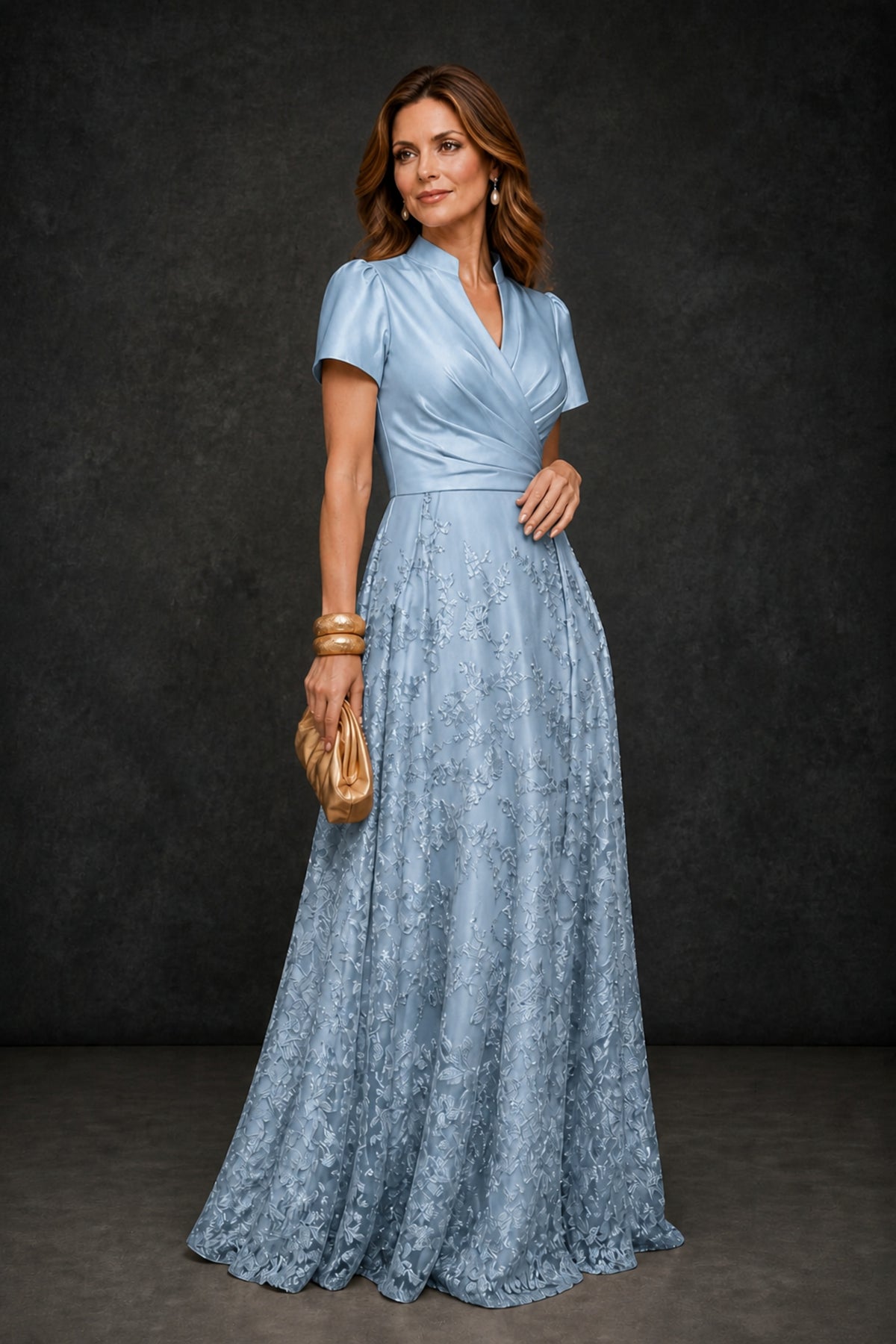 BOLODOO Dusty Blue Satin Wrap V-Neck Short Sleeve Lace Glitter A-Line Floor Length Evening Gown – Formal Dress - Dusty Blue