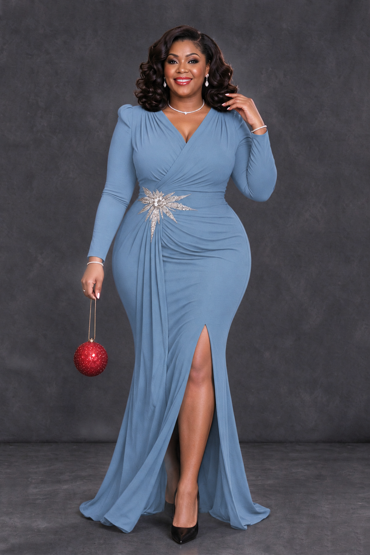 BOLODOO Dusty Blue Plus Size Long Sleeve V-Neck Mother of the Bride Dress with Slit - Dusty Blue - Dusty Blue_4
