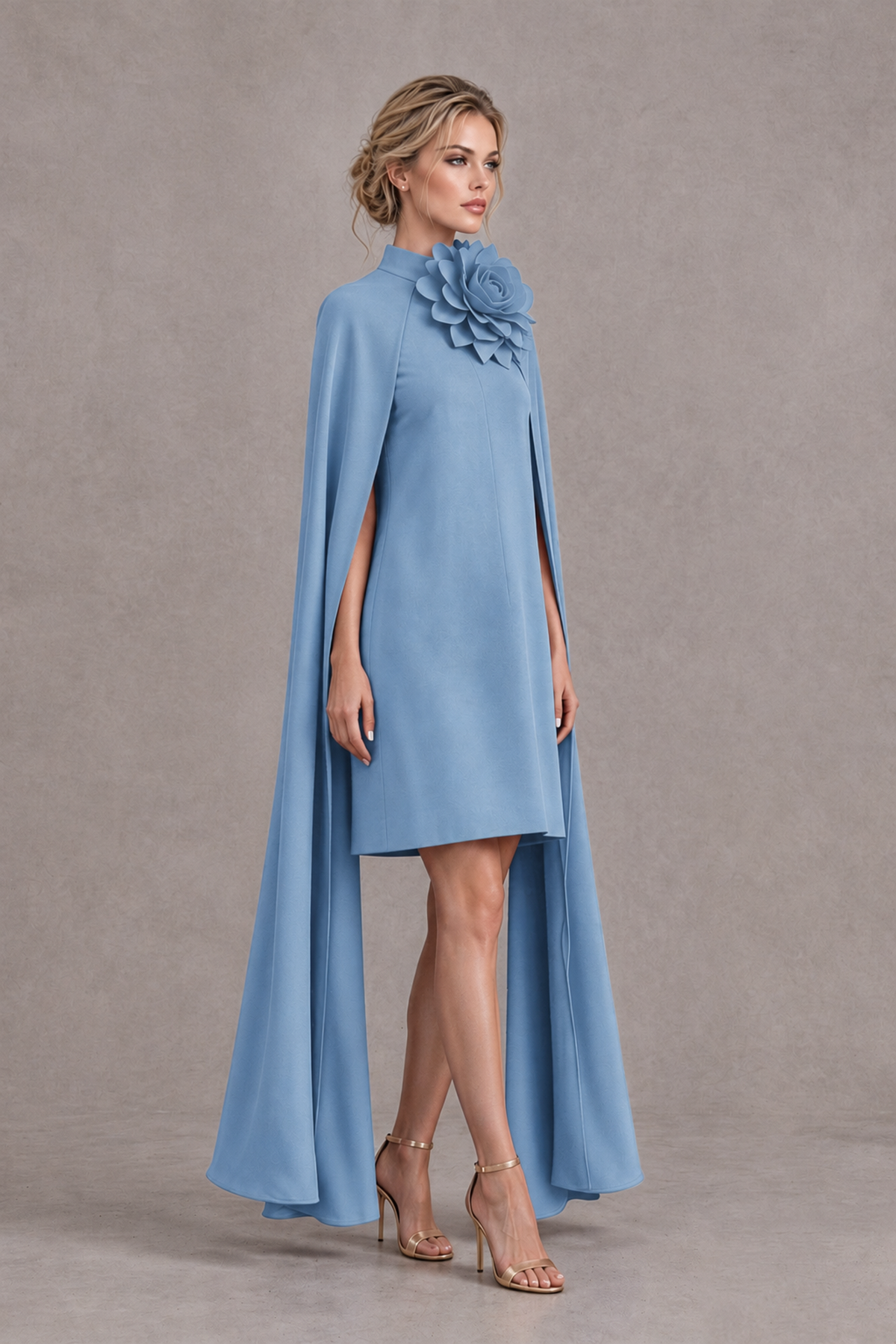 BOLODOO Dusty Blue High Neck Floral Cape Mini Cocktail Dress - Dusty Blue - Dusty Blue_4