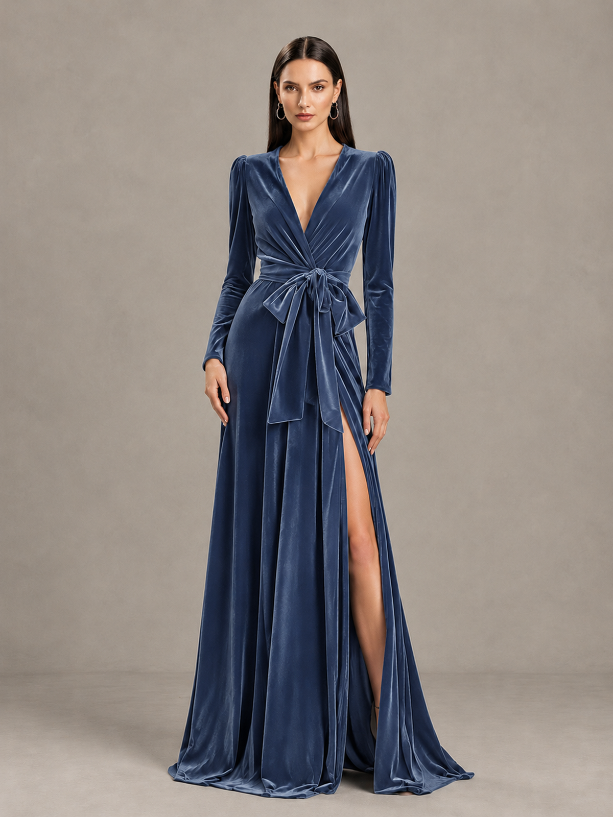 BOLODOO Dusty Blue Long Sleeve Velvet-Look Evening Dress with High Slit - Dusty Blue - Dusty Blue_4