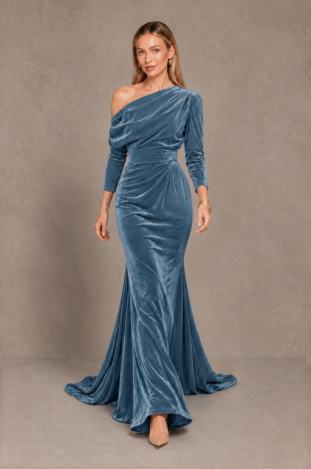 BOLODOO Dusty Blue Velvet Asymmetric Neck Mermaid Evening Dress - Dusty Blue - Dusty_Blue_5