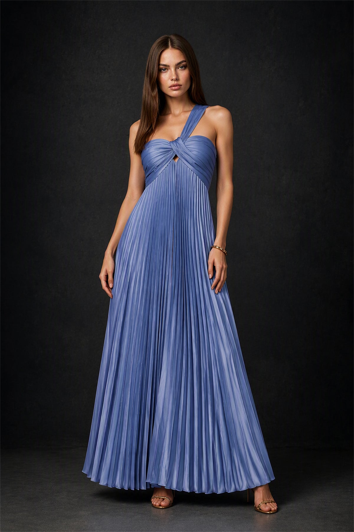 BOLODOO Dusty Blue One-Shoulder Twist Knot Pleated Satin Midi Dress with Cutout - Dusty Blue