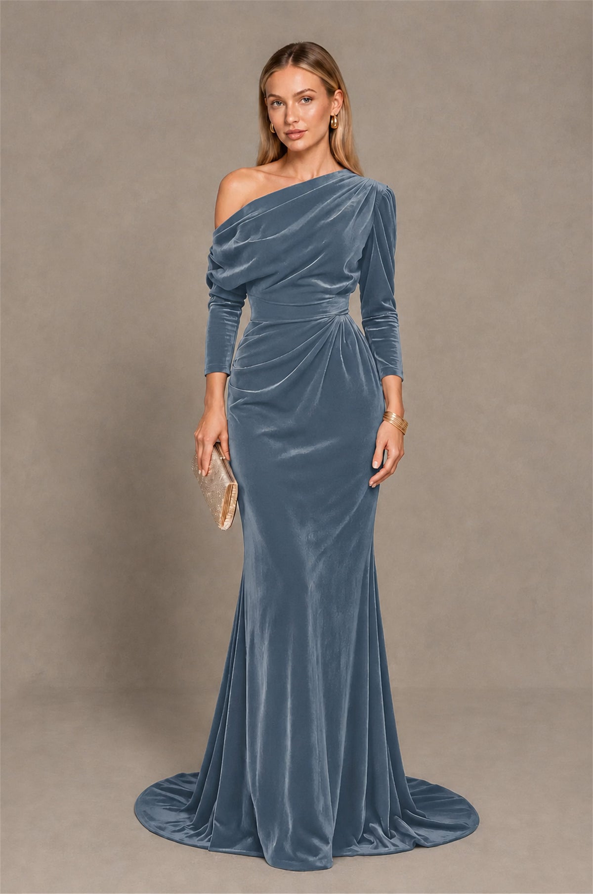 BOLODOO Dusty Blue Velvet One-Shoulder Long Sleeve Evening Gown - Dusty Blue