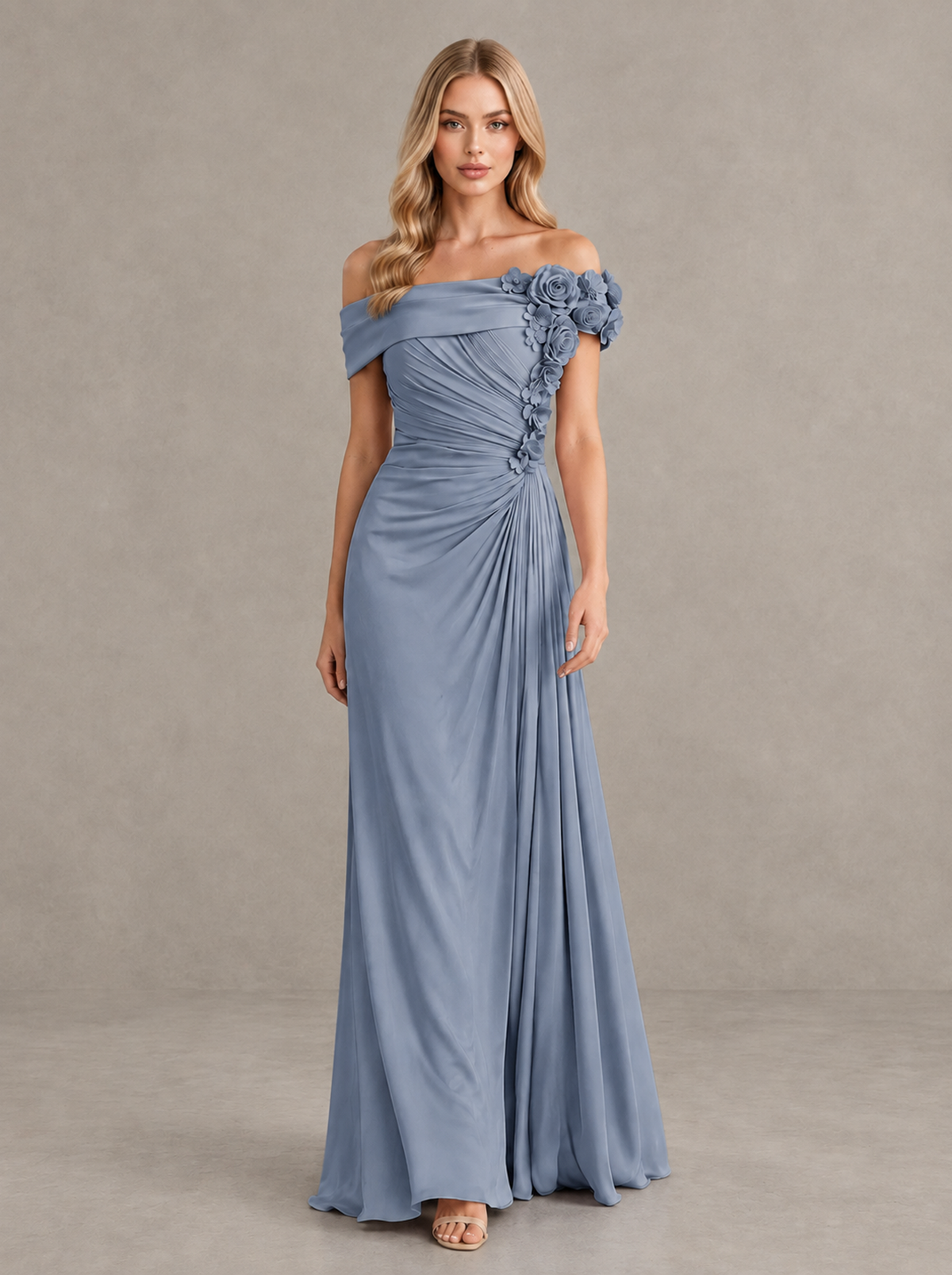 BOLODOO Dusty Blue Off-Shoulder Floral Applique Wedding Guest Maxi Dress - Dusty Blue - Dusty Blue (1)