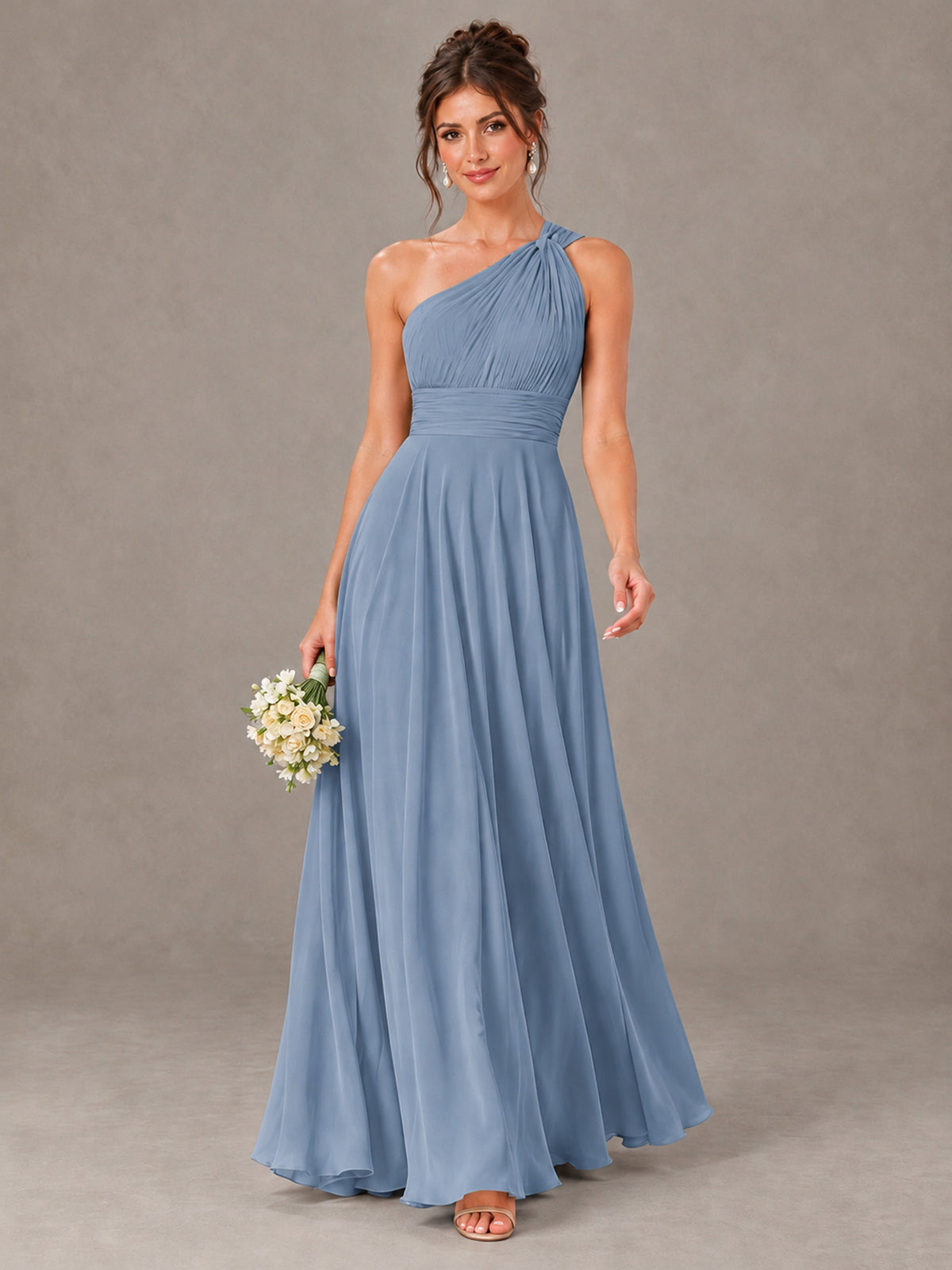 BOLODOO Dusty Blue One-Shoulder Chiffon-Look Bridesmaid Dress - Dusty Blue - Dusty Blue (1)