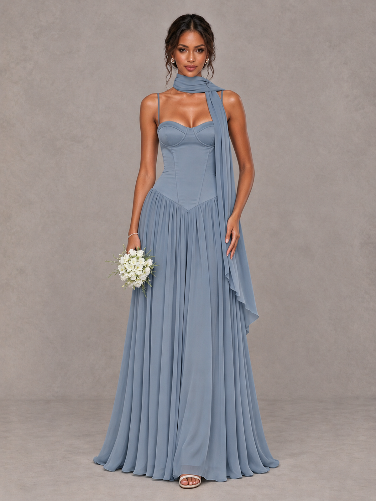 BOLODOO Dusty Blue Corset Bridesmaid Dress with Scarf - Dusty Blue - Dusty Blue (1)