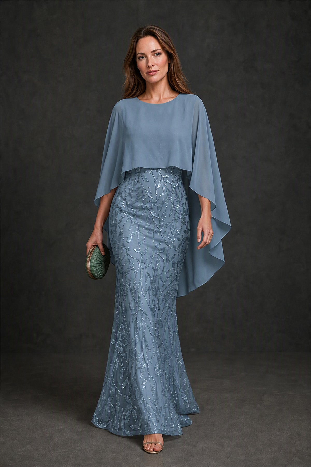 BOLODOO Dusty Blue Round Neck Chiffon Cape Overlay Sequin Lace Mermaid Maxi Dress - Dusty Blue