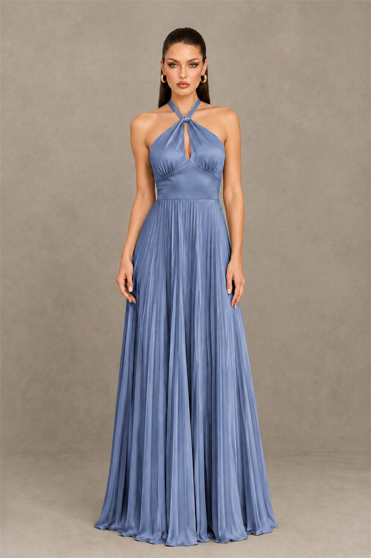 BOLODOO Dusty Blue Halter Pleated A-Line Evening Dress - Dusty Blue