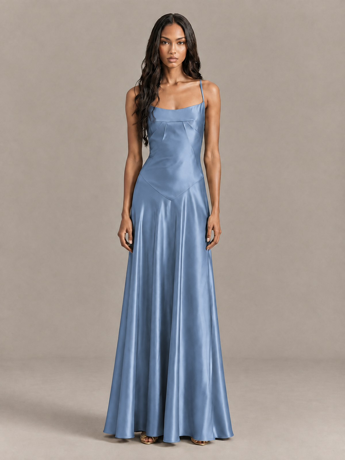 BOLODOO Dusty Blue Satin Lace-Up Back Maxi Dress - Dusty Blue