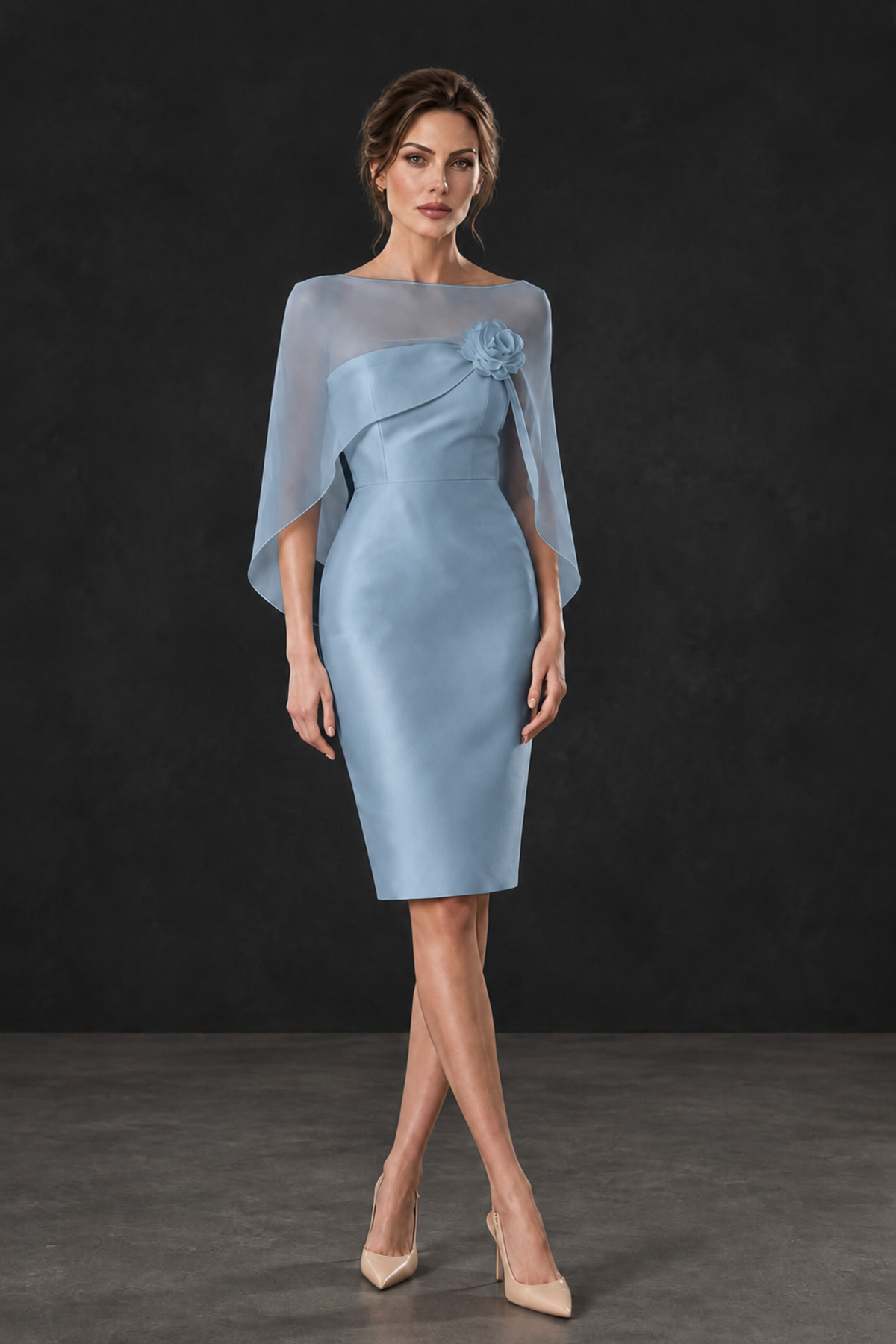 BOLODOO Dusty Blue Cape Knee-Length Mother of the Bride Dress - Dusty Blue - Dusty Blue (1)