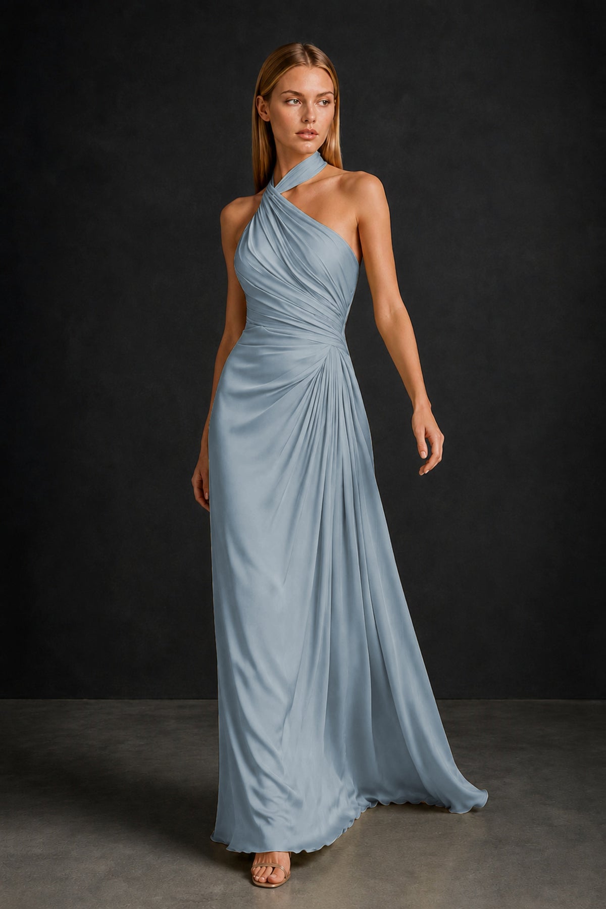 BOLODOO Dusty Blue Twisted Halter Neck Ruched Sleeveless Open Back Floor-Length Gown - Dusty Blue