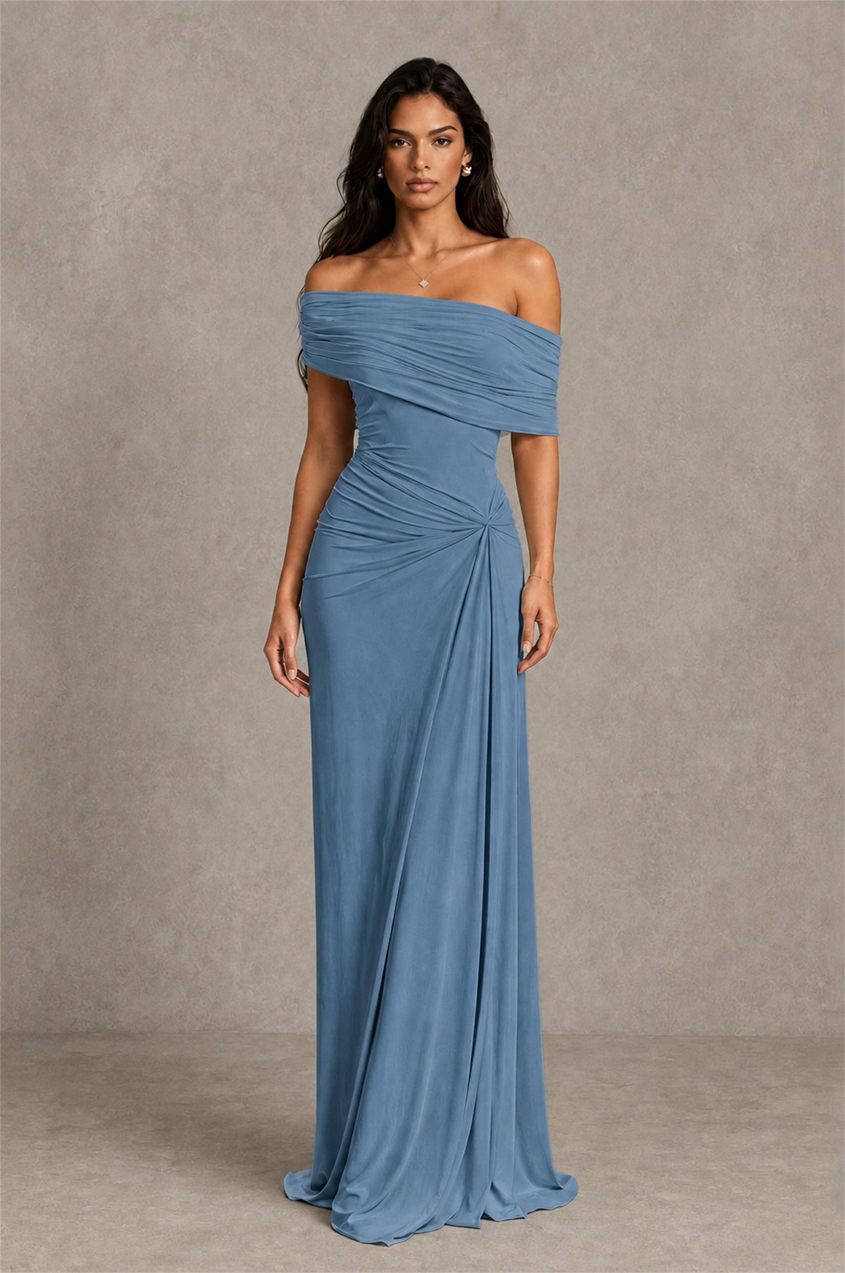 BOLODOO Dusty Blue Off-Shoulder Ruched Maxi Dress - Dusty Blue