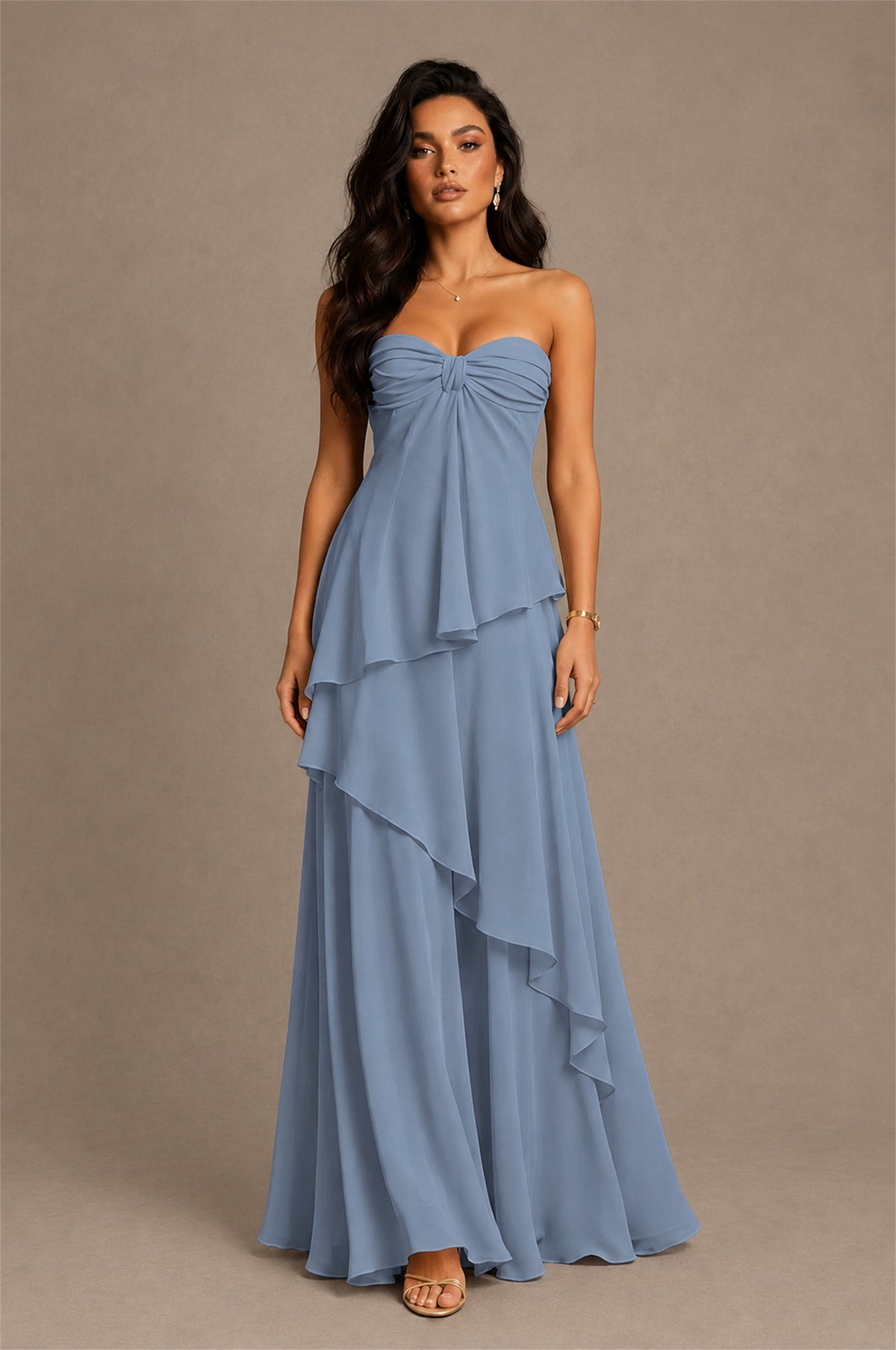 BOLODOO Dusty Blue Strapless Sweetheart Knotted Chiffon Tiered Maxi Dress with Lace-Up Back - Dusty Blue