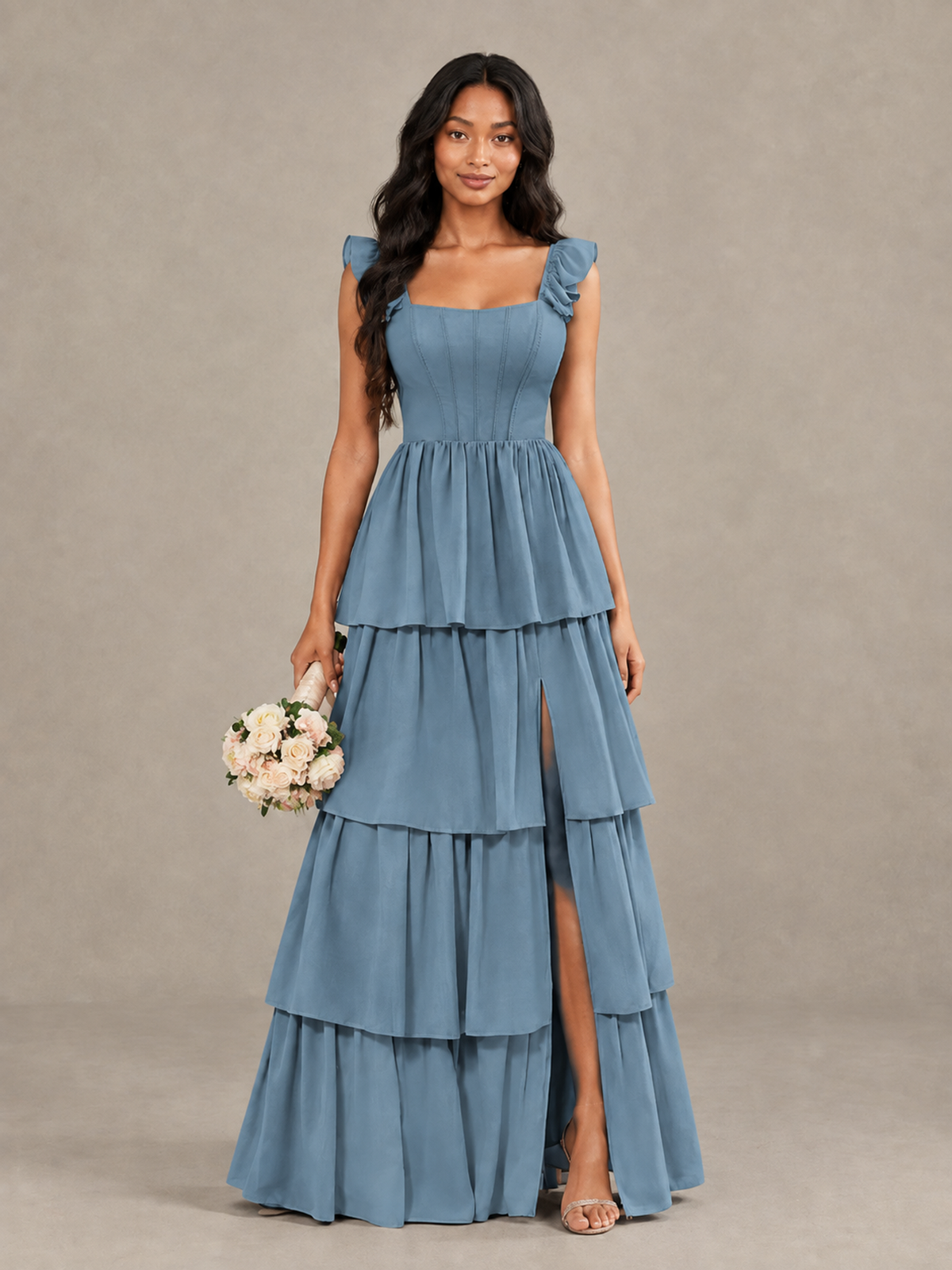 BOLODOO Dusty Blue Tiered Maxi Bridesmaid Dress with Slit - Dusty Blue