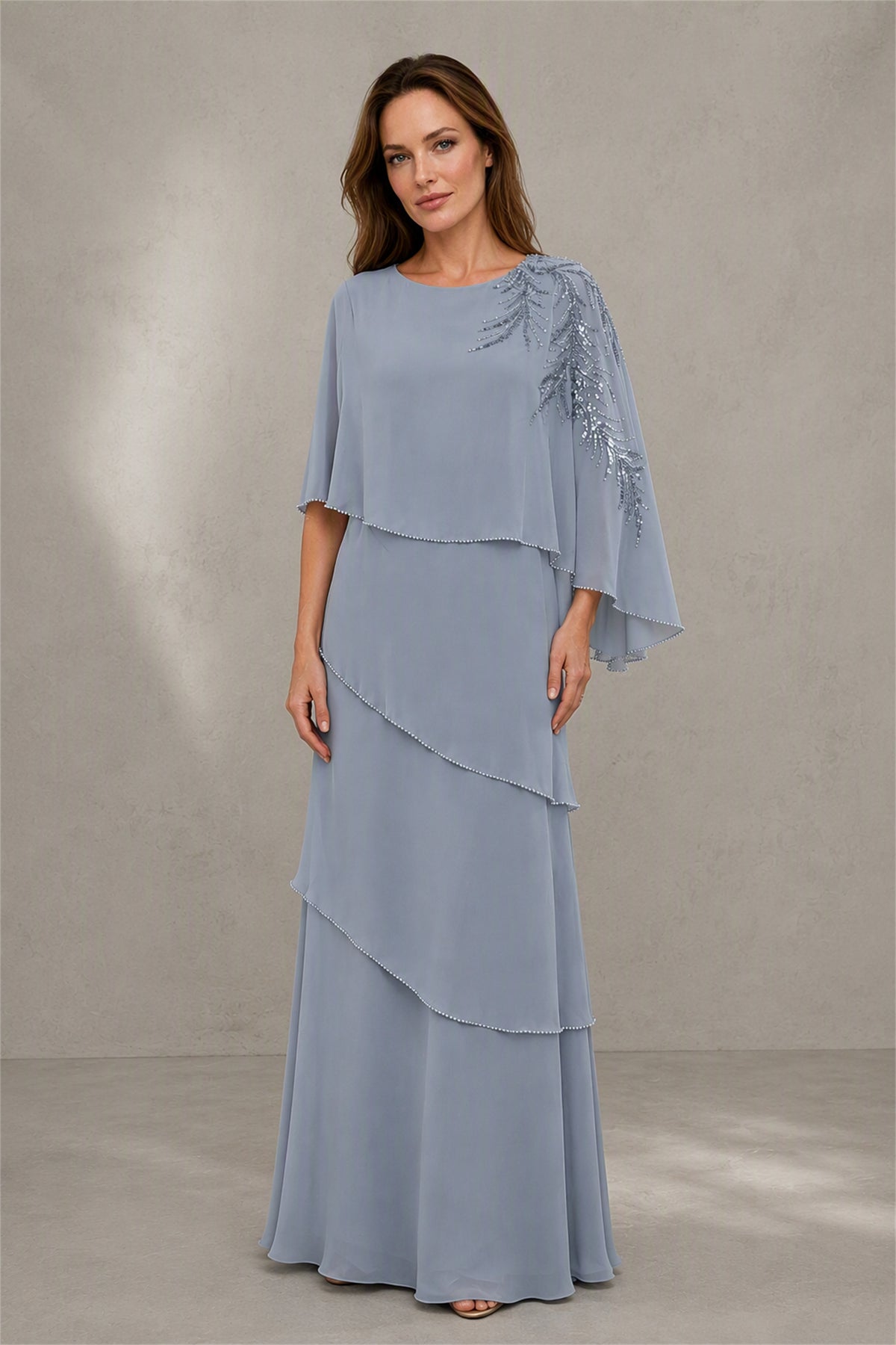 BOLODOO Dusty Blue Mocha Asymmetric Cape Sleeve Dusty Blue Sequin Embroidered Pearl Trim Tiered Chiffon Gown - Dusty Blue