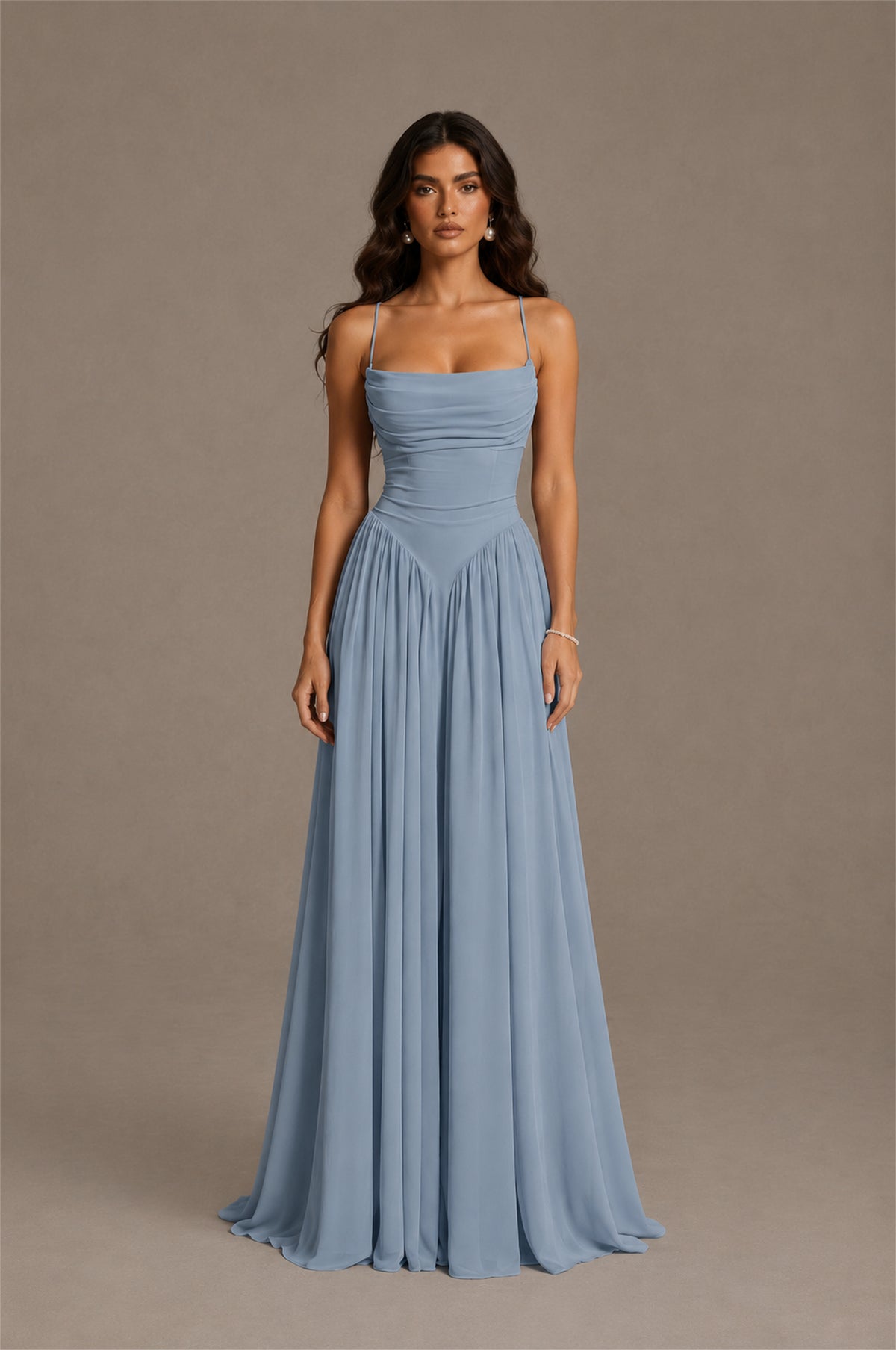 BOLODOO Dusty Blue Spaghetti Strap Square Neck Ruched Chiffon Maxi Dress with Lace-Up Back - Dusty Blue