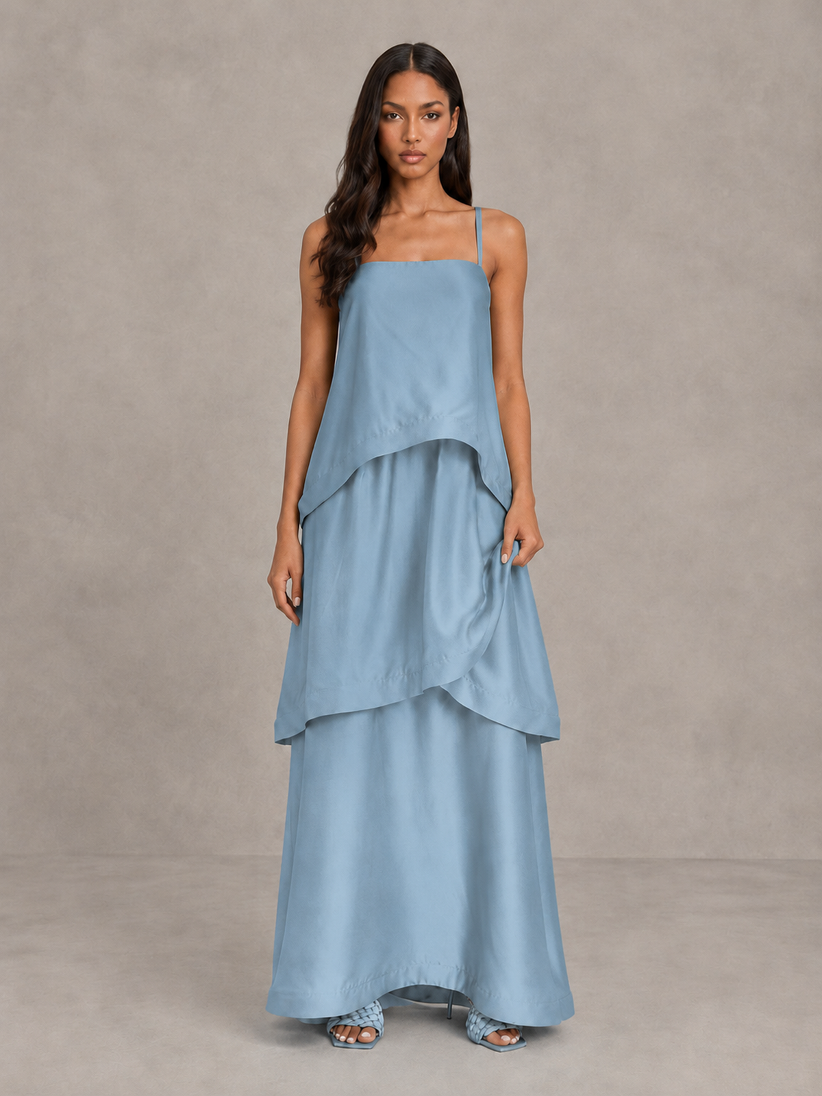 BOLODOO Dusty Blue Satin Tiered Maxi Dress with Spaghetti Straps - Dusty Blue