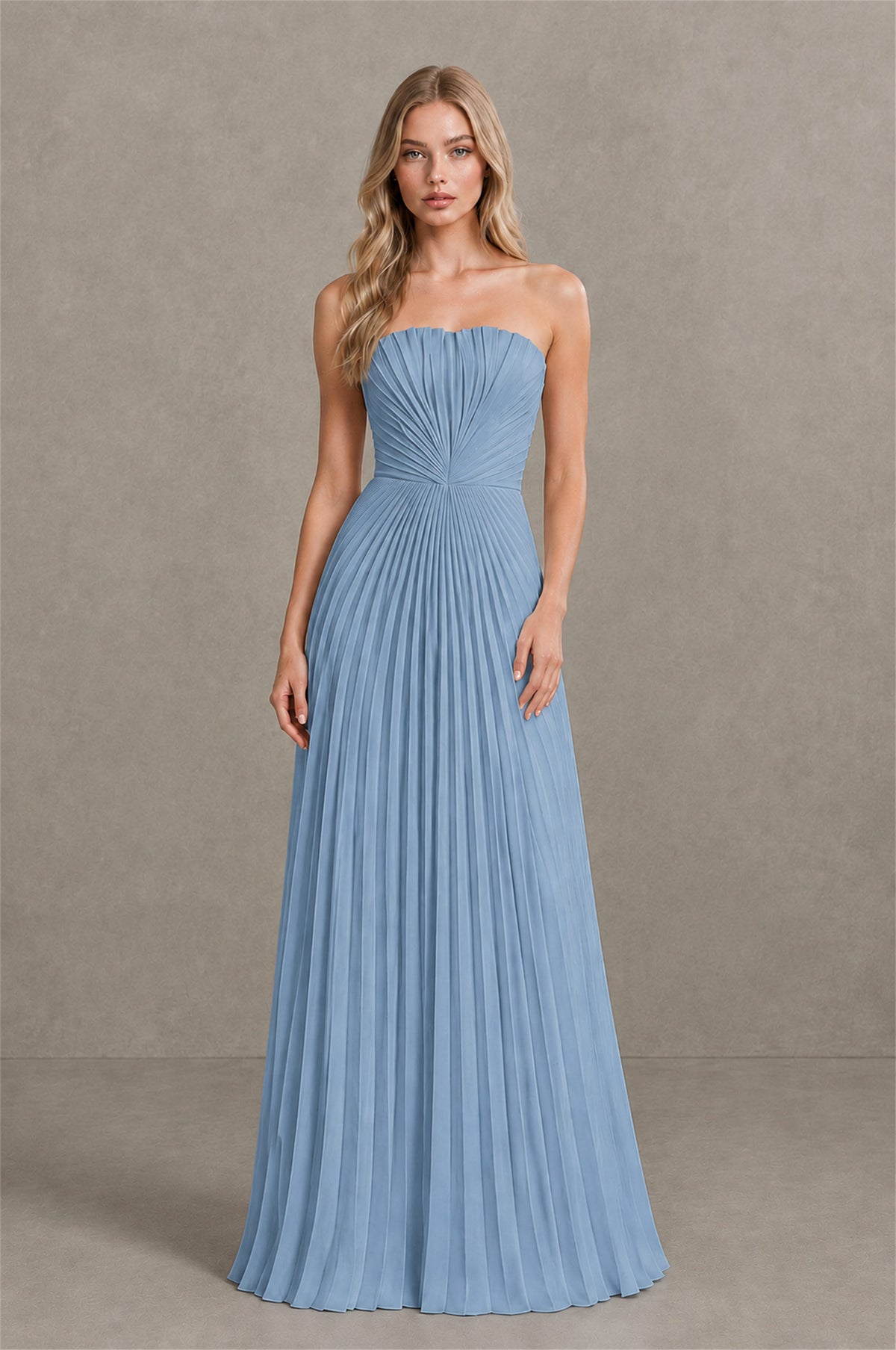 BOLODOO Dusty Blue Strapless Sunburst Pleated Twisted Knot Lace-Up Back Accordion Pleated Chiffon Maxi Dress - Dusty Blue