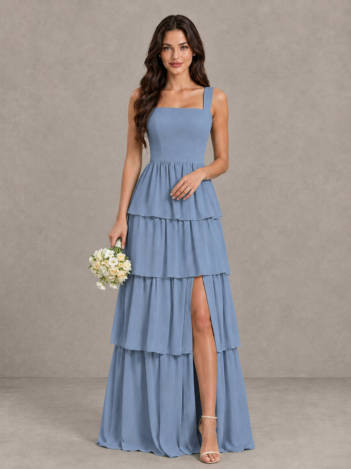 BOLODOO Dusty Blue Square Neck Tiered Bridesmaid Dress with Slit - Dusty Blue - Dusty Blue (1)